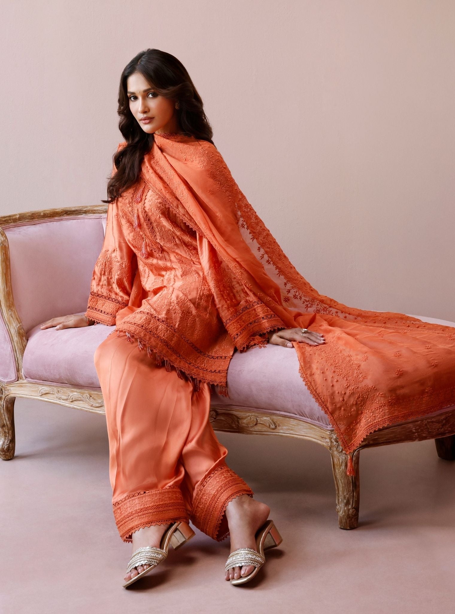 Zuri Cupro Satin Orange Kurta With Farshi Salwar