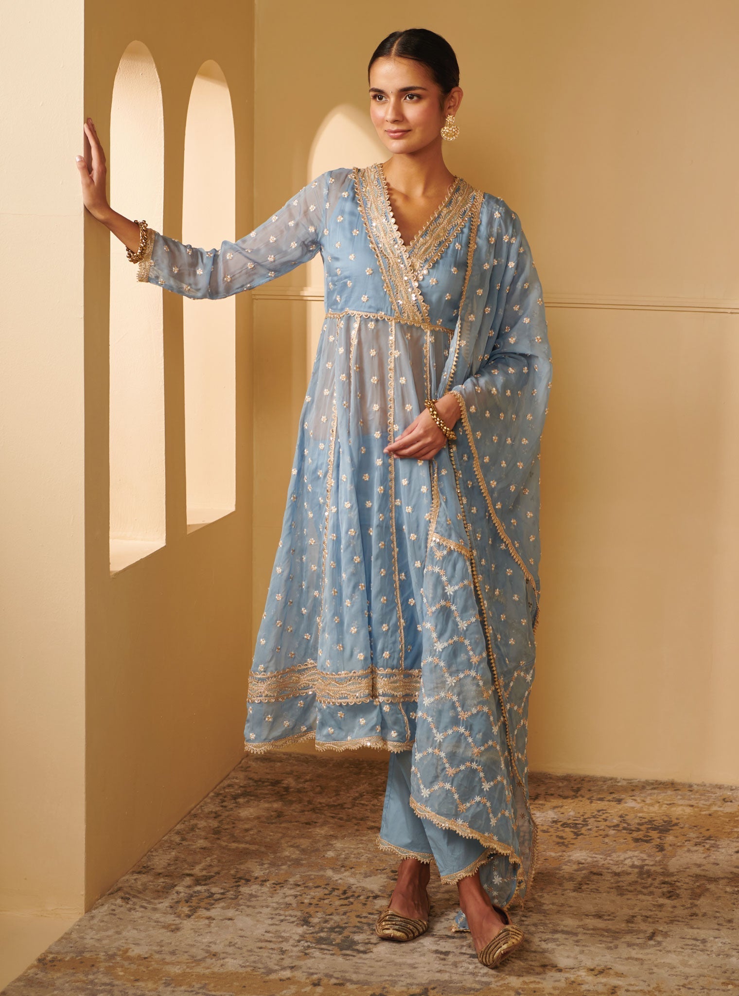 Mulmul Organza Ancita Anarkali Blue Kurta With Mulmul Pima Satin Ancita Blue Pant