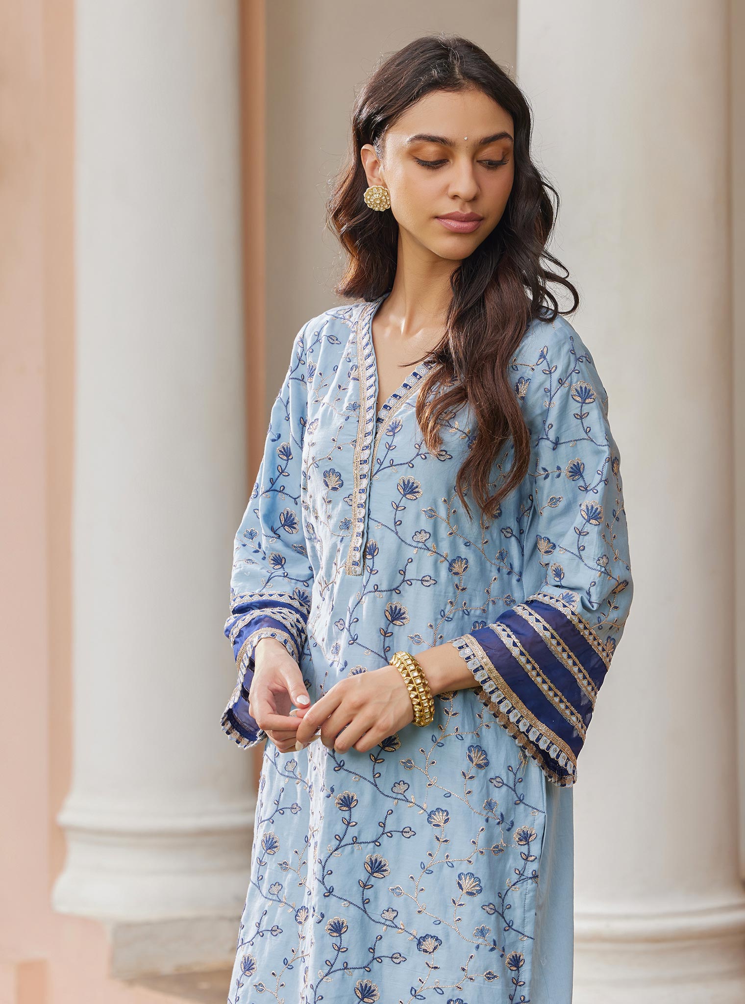 Mulmul Pima Drita Blue Kurta with Mulmul Pima Drita Blue Pant