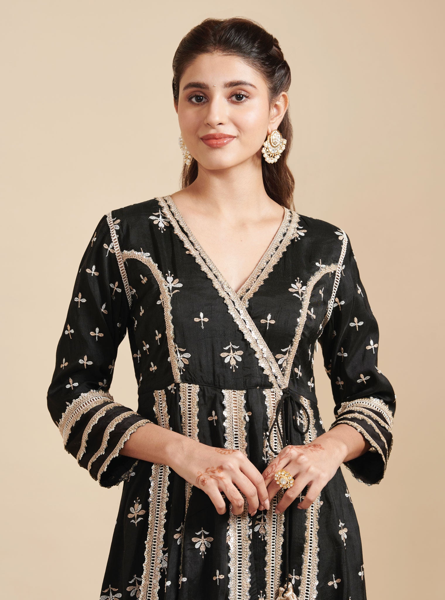 Mulmul Silk Khanak Anarkali Black Kurta With Mulmul Silk Khanak Black Pant