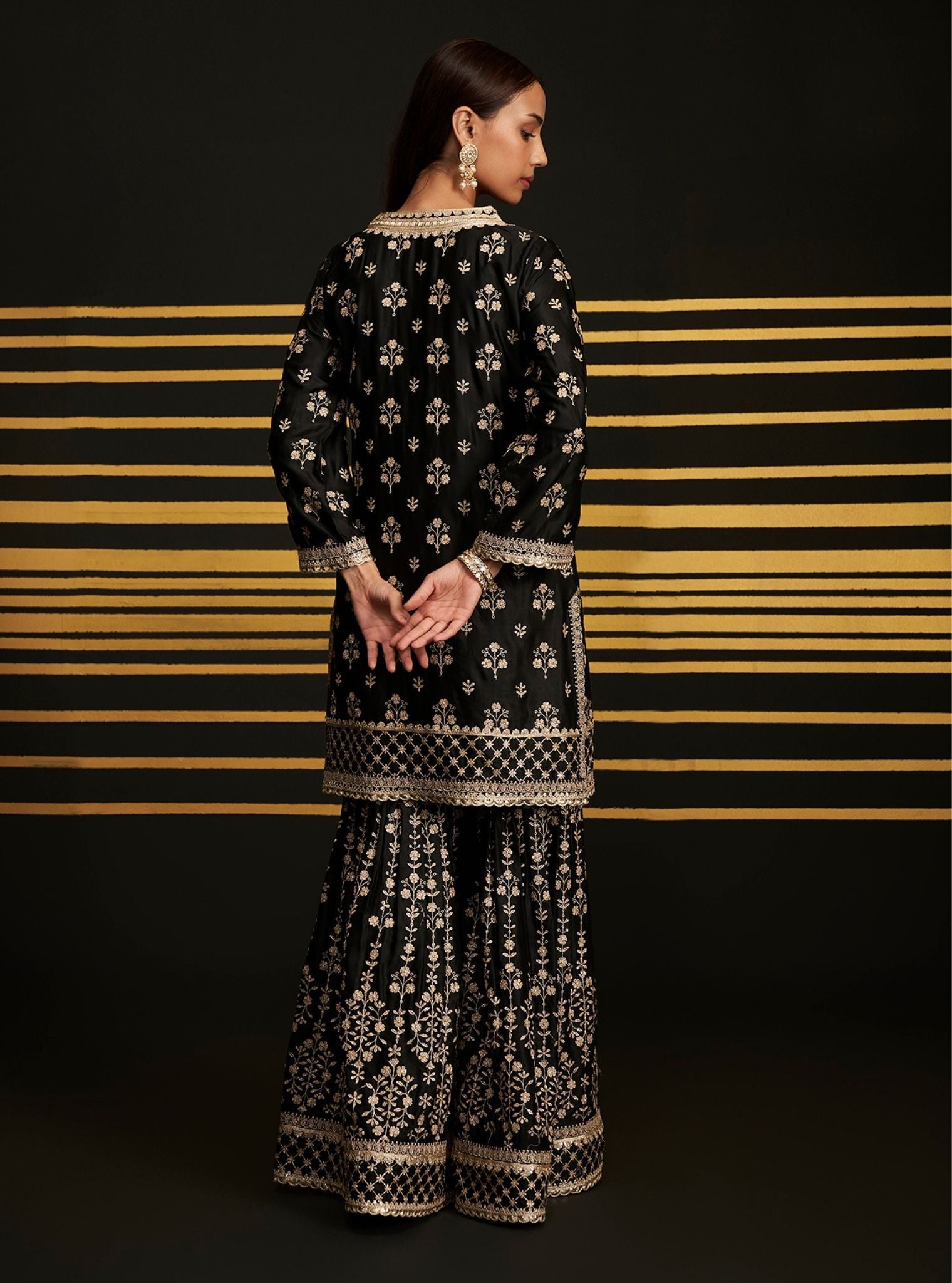 Mulmul Cupro Satin Mahiya Black Kurta With Mulmul Cupro Satin Mahiya Black Garara