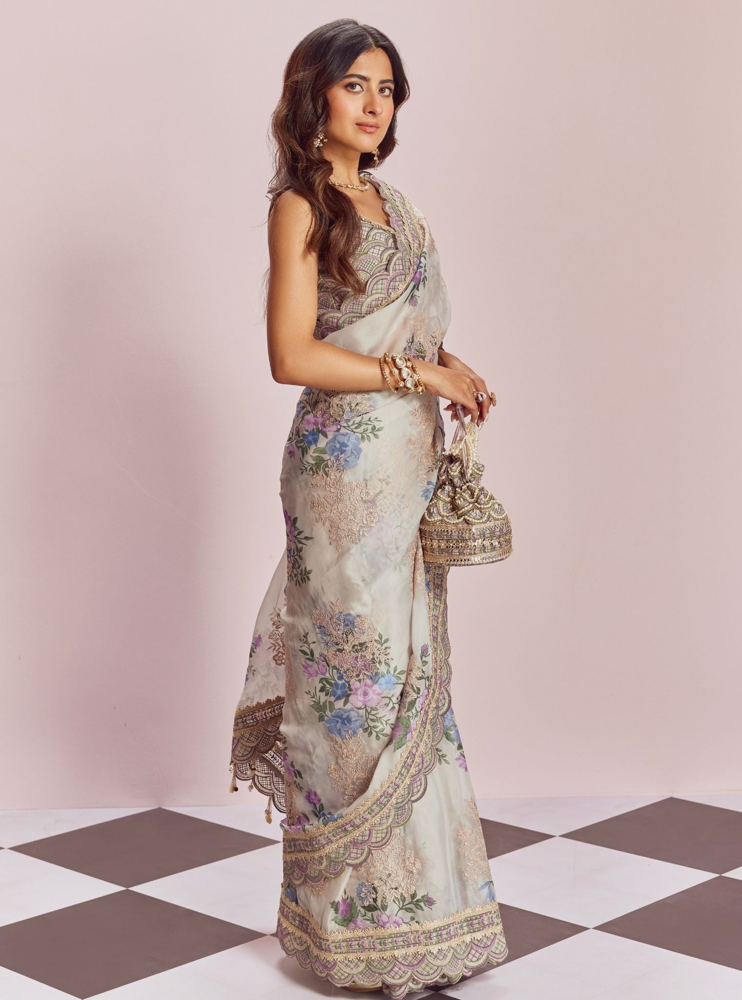 Mulmul Organza Printed Swar Dull White Saree