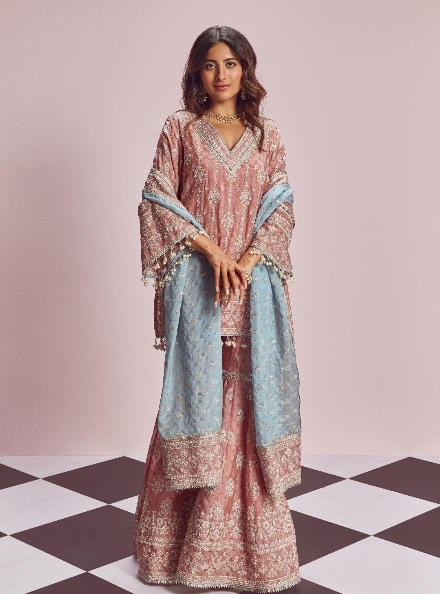 Sakhi Banarsi Pink Kurta with Garara Set