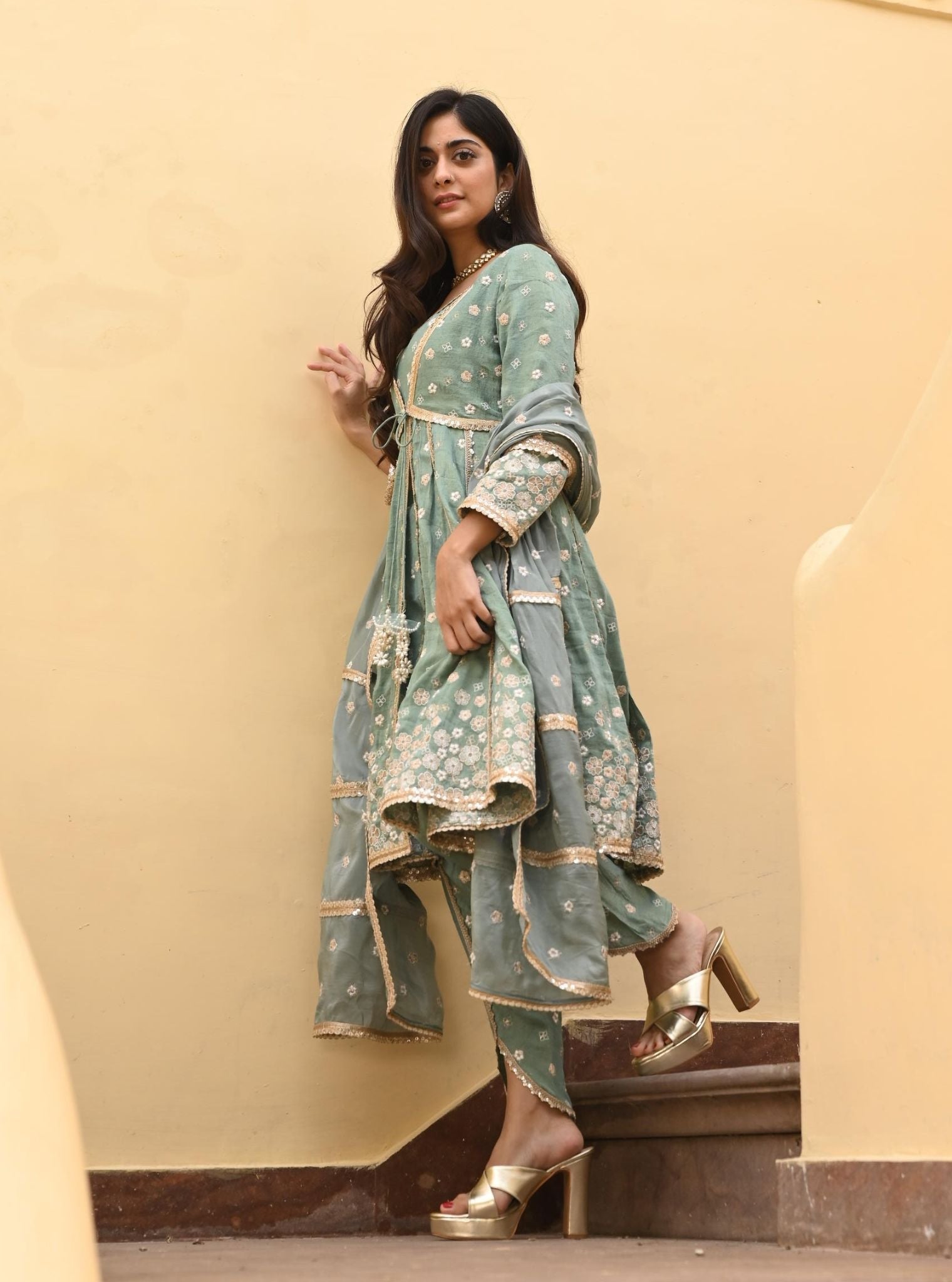 Mulmul Tissue Satin Sajeya Teal Blue Anarkali Kurta with Mulmul Luxe Tissue Satin Sajeya Teal Blue Dhoti Pant