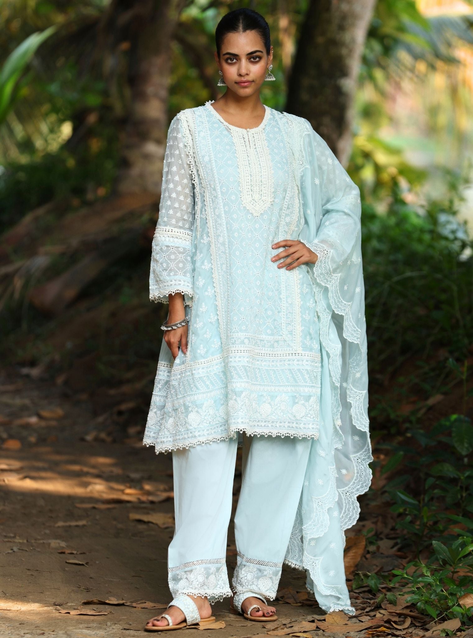 Mulmul Organza Sritha Blue Kurta With Mulmul Cotton Sritha Blue Pant