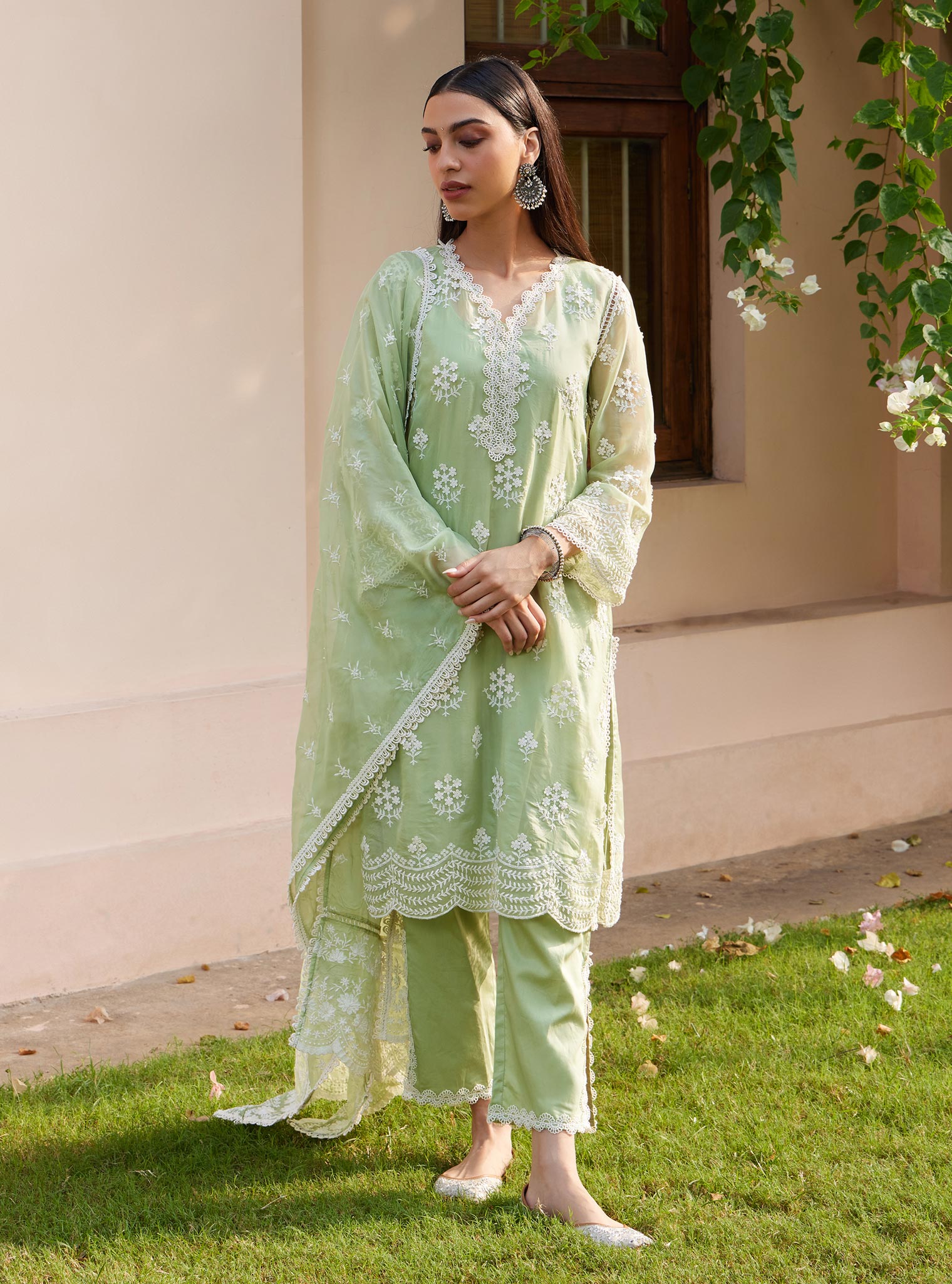 Mulmul Organza Aruni Green Kurta with Mulmul Pima Aruni Green Pant