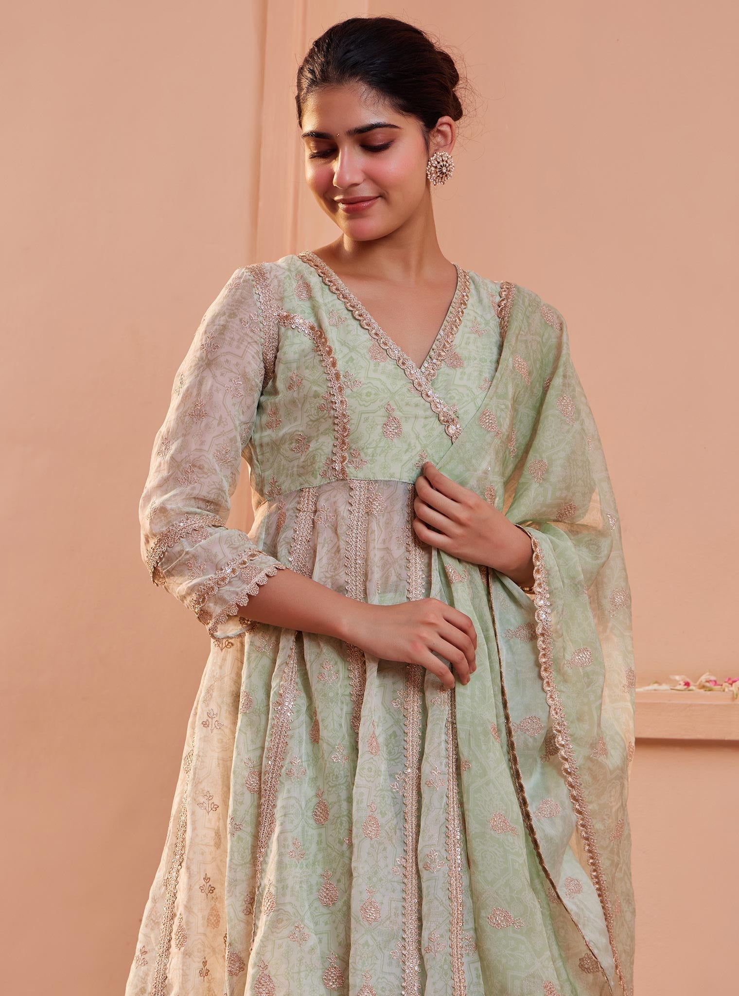 Mulmul Organza Vamsi Anarkali Green Kurta with Mulmul Pima Vamsi Green Pant