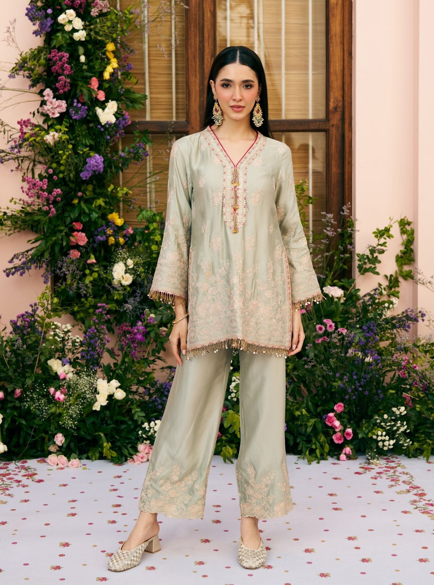 Saaj Cupro Satin Sage Green Kurta Set