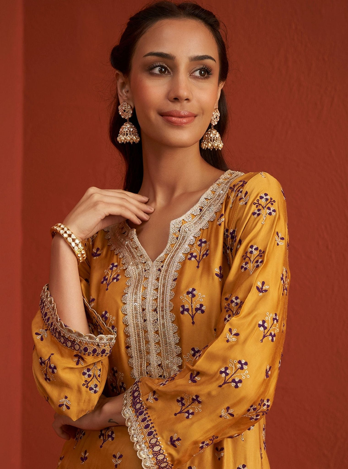 Mahiya Cupro Satin Mustard Kurta