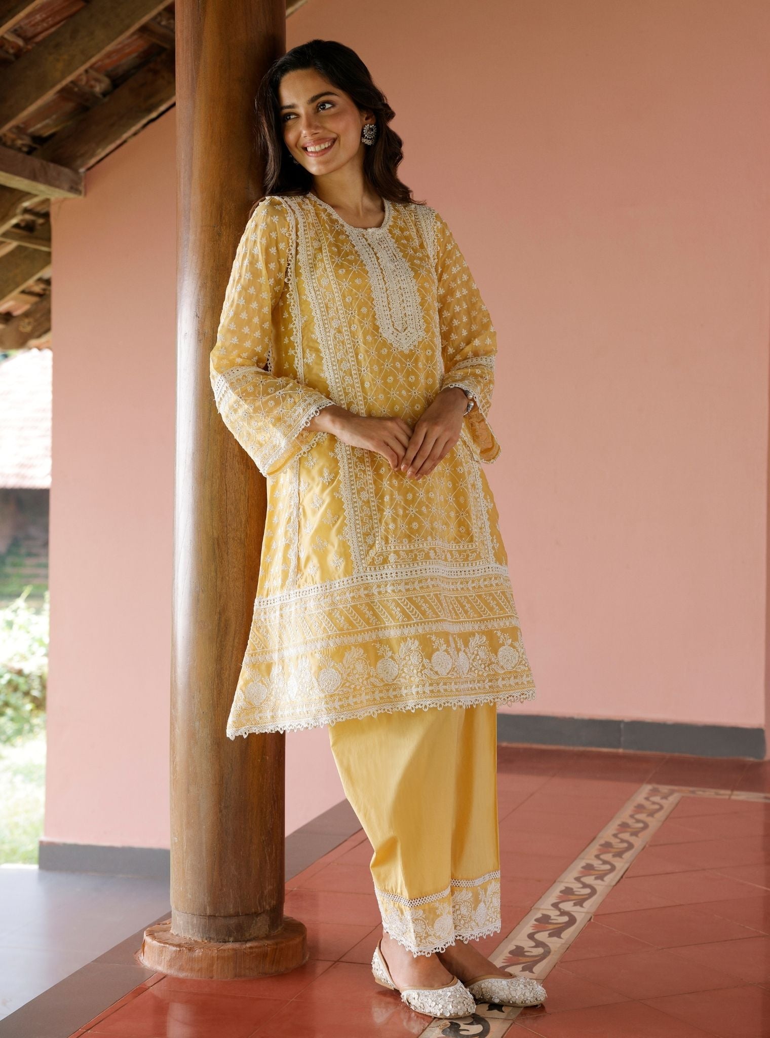 Mulmul Organza Sritha Yellow Kurta With Mulmul Cotton Sritha Yellow Pant