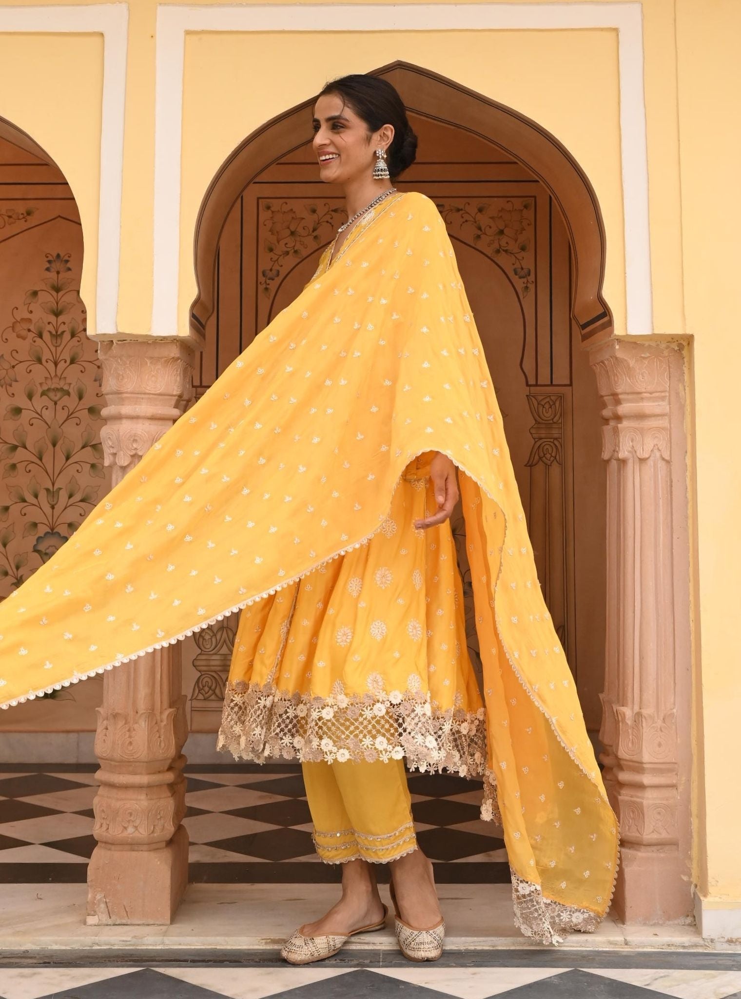 Mulmul Modal Satin Chaiyya Yellow Anarkali Kurta with Mulmul Modal Satin Chaiyya Yellow Pant