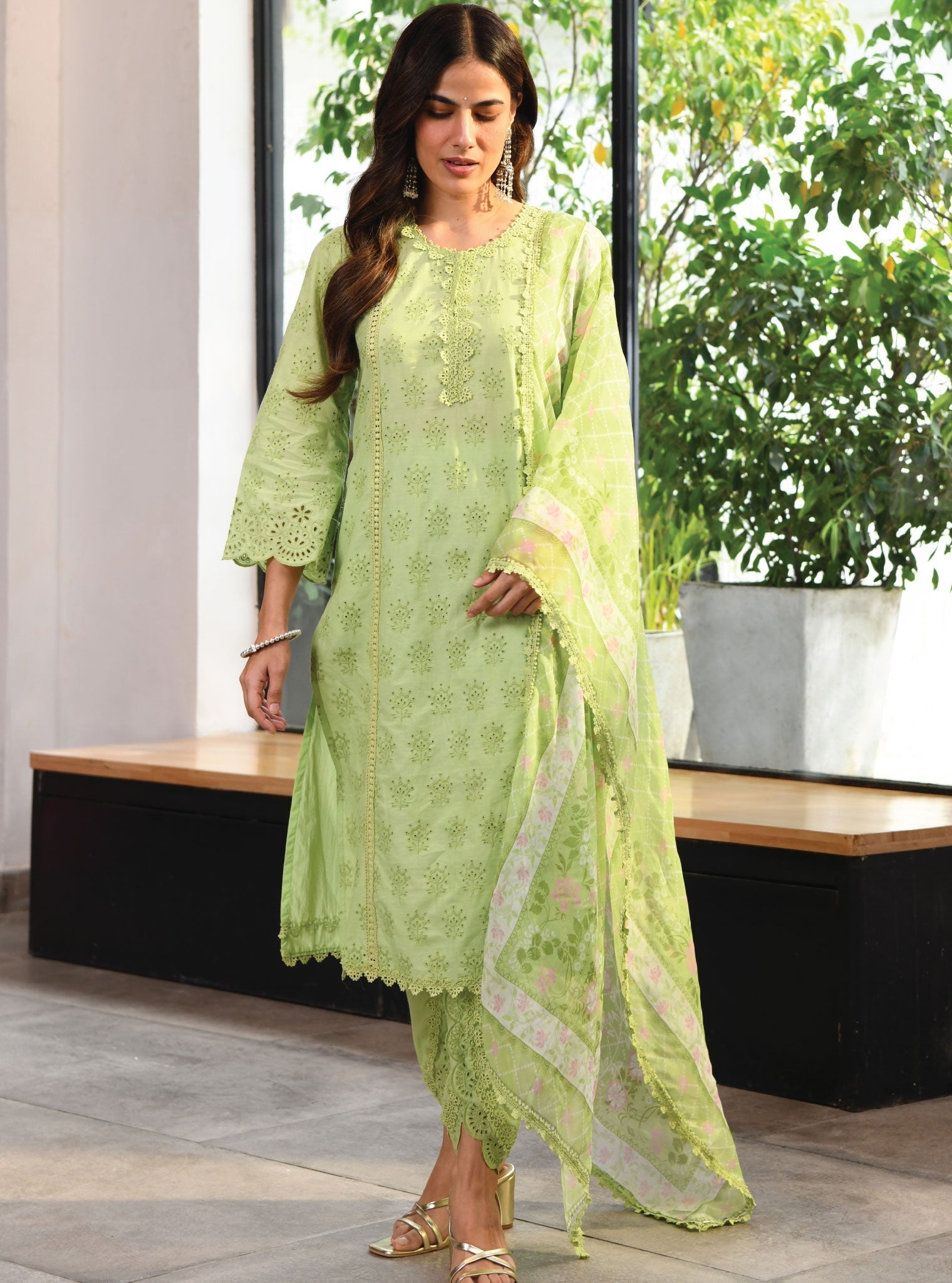 Mulmul Cotton Swansea Green Kurta With Swansea Green Dhoti Pant