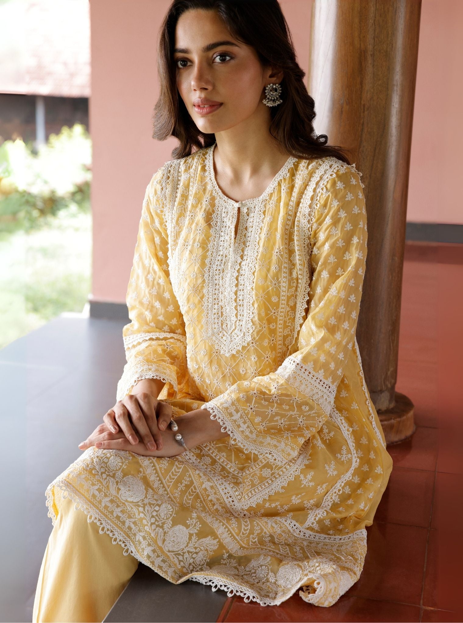 Mulmul Organza Sritha Yellow Kurta With Mulmul Cotton Sritha Yellow Pant