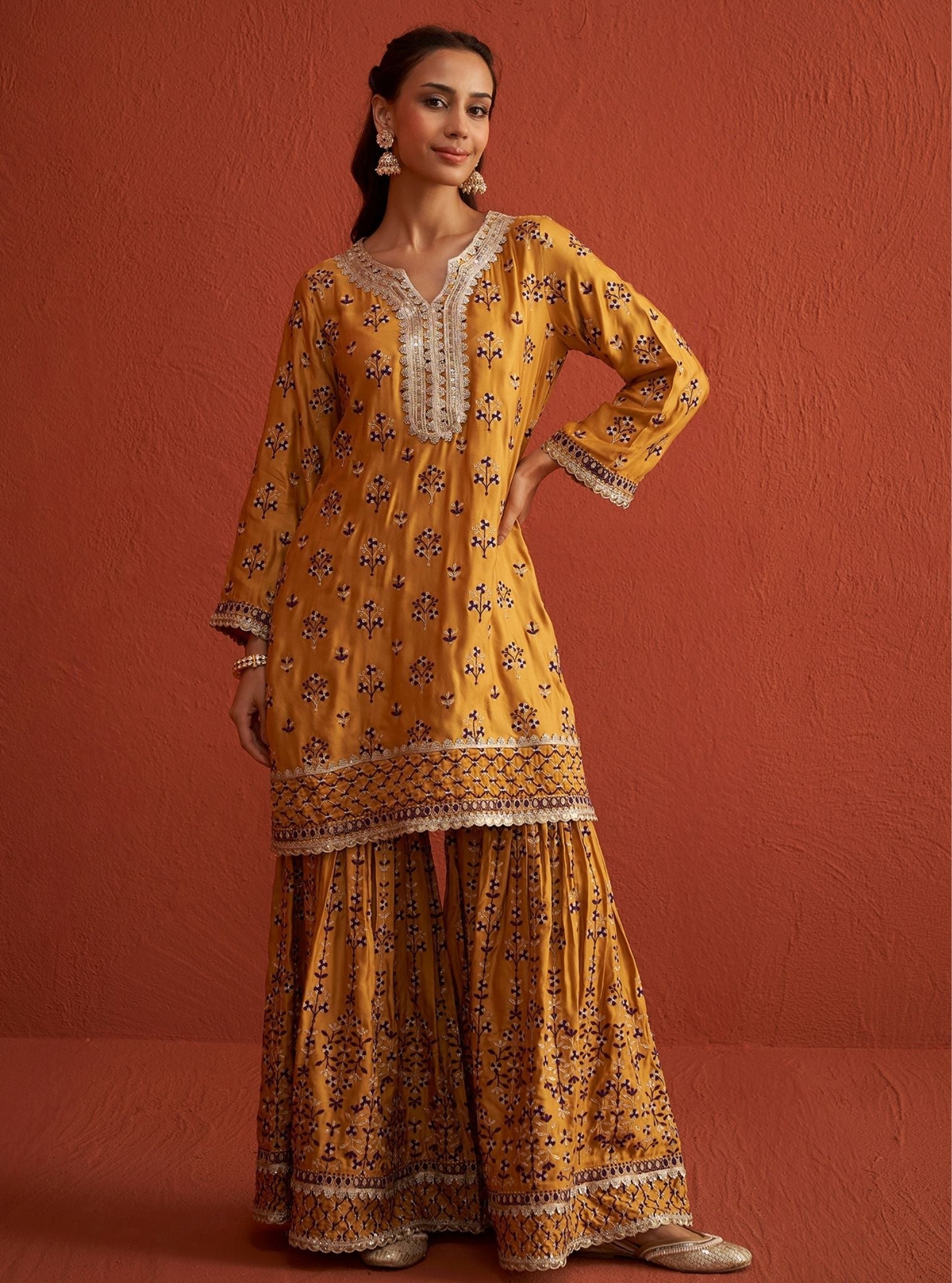 Mulmul Bemberg Satin Mahiya Mustard Kurta With Mulmul Bemberg Satin Mahiya Mustard Garara