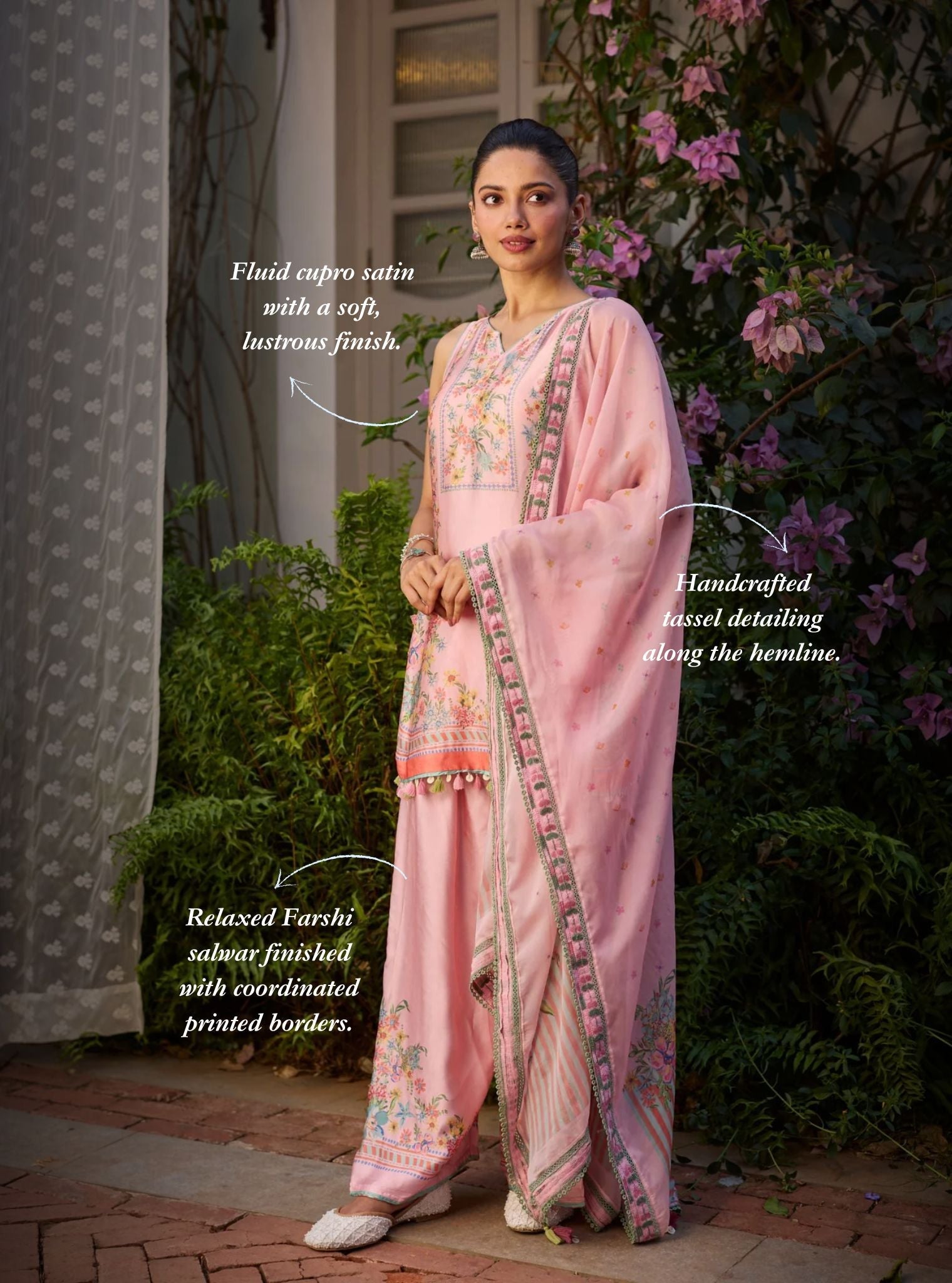 Zivae Cupro Satin Printed Pink Kurta With Farshi Salwar