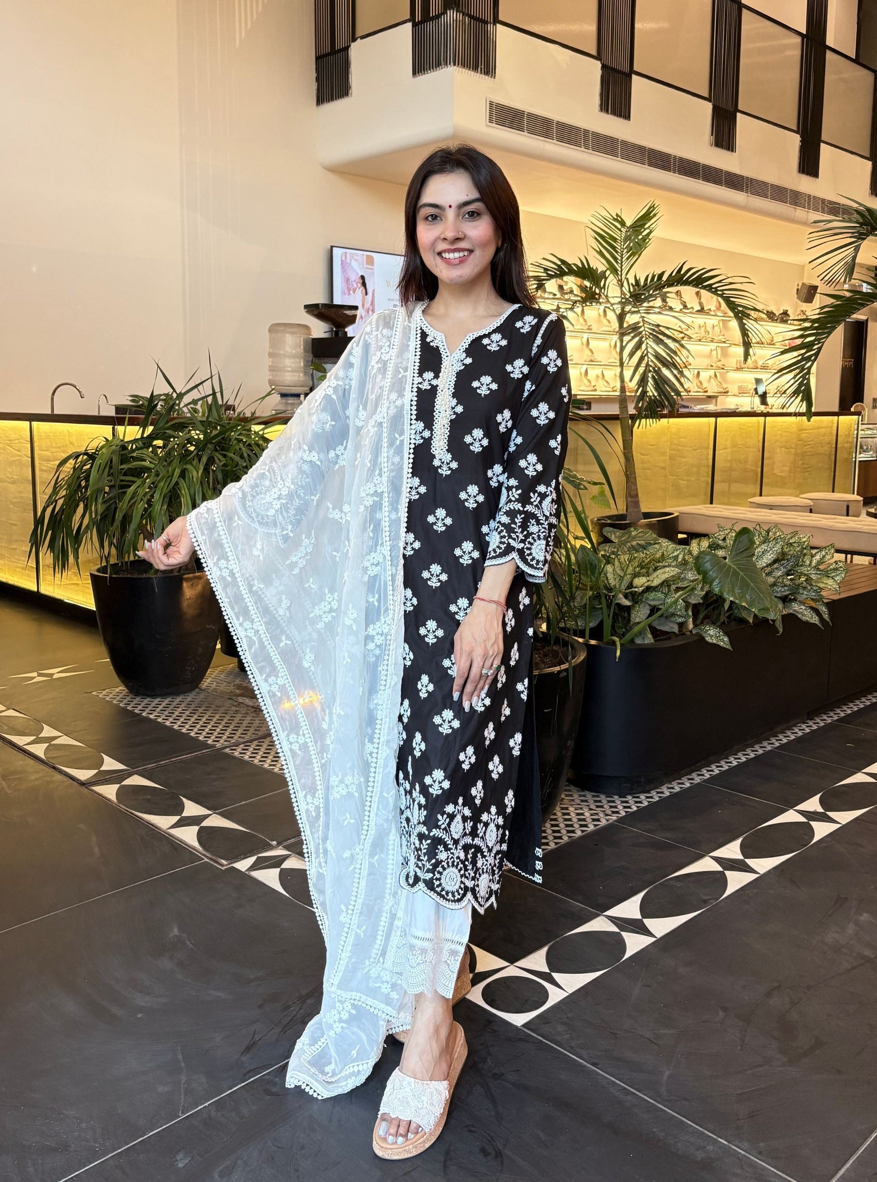 Arpora Supima Cotton Black Kurta With Floral Organza White Pyjama