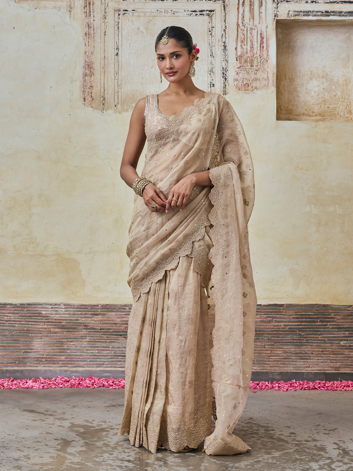 Adiva Lurex Organza Champagne Saree