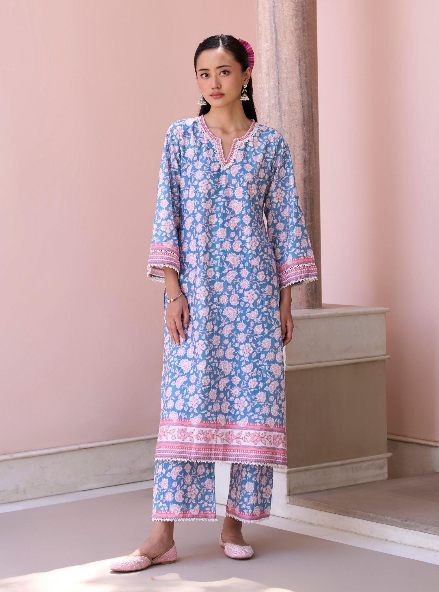 Rosabelle Steel Blue Mulmul Supima Cotton Kurta Set