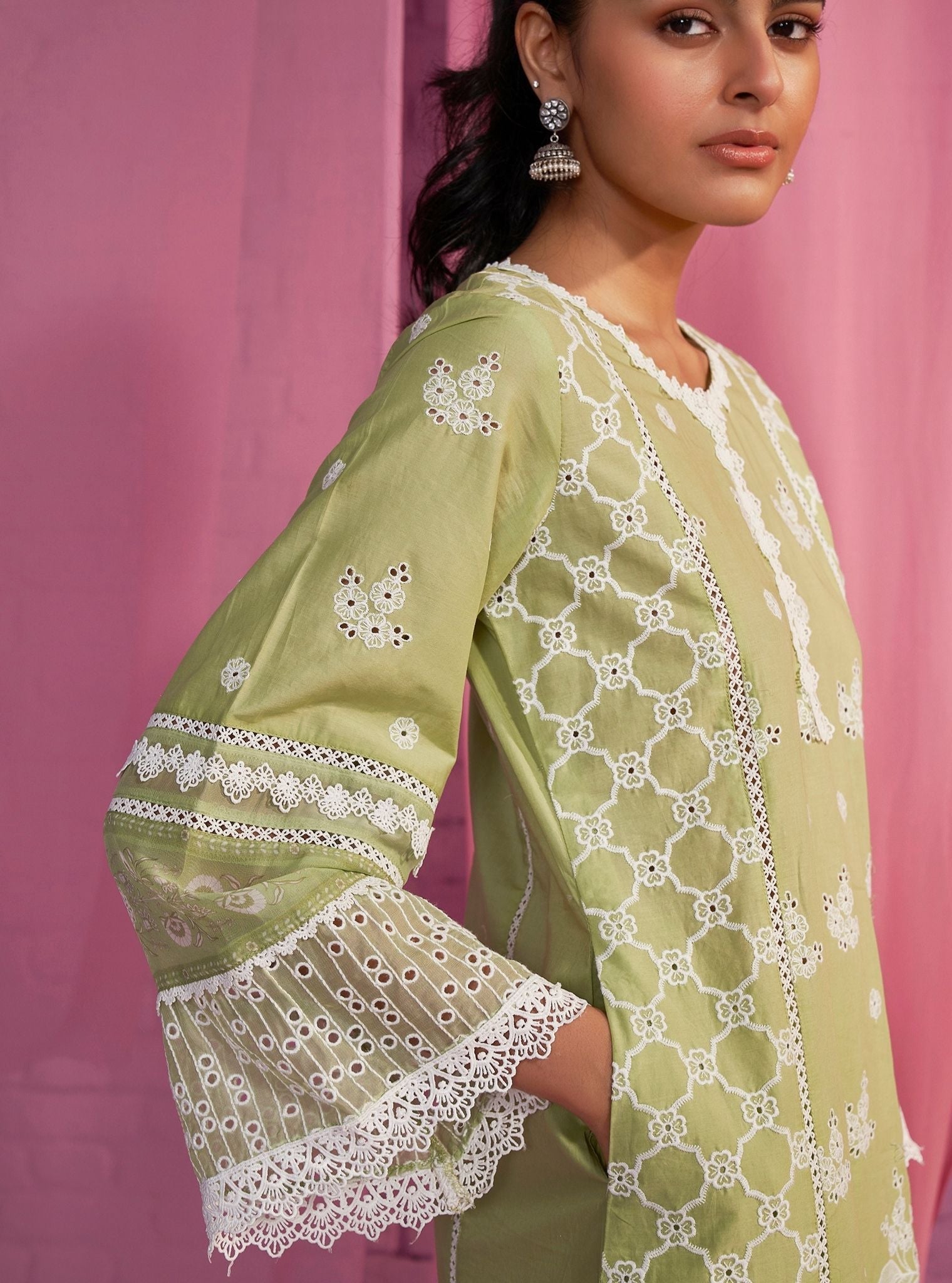 Mulmul Cotton Dhitya Light Green Kurta With Mulmul Cotton Dhitya Light Green Pant