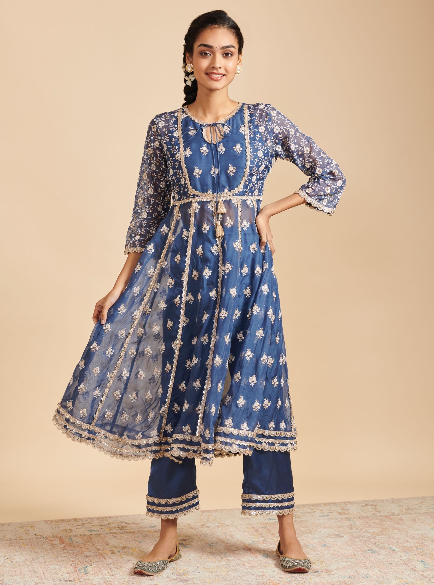 Mulmul Organza Dilbaro Navy Anarkali Kurta With Mulmul Cupro Dilbaro Navy pant