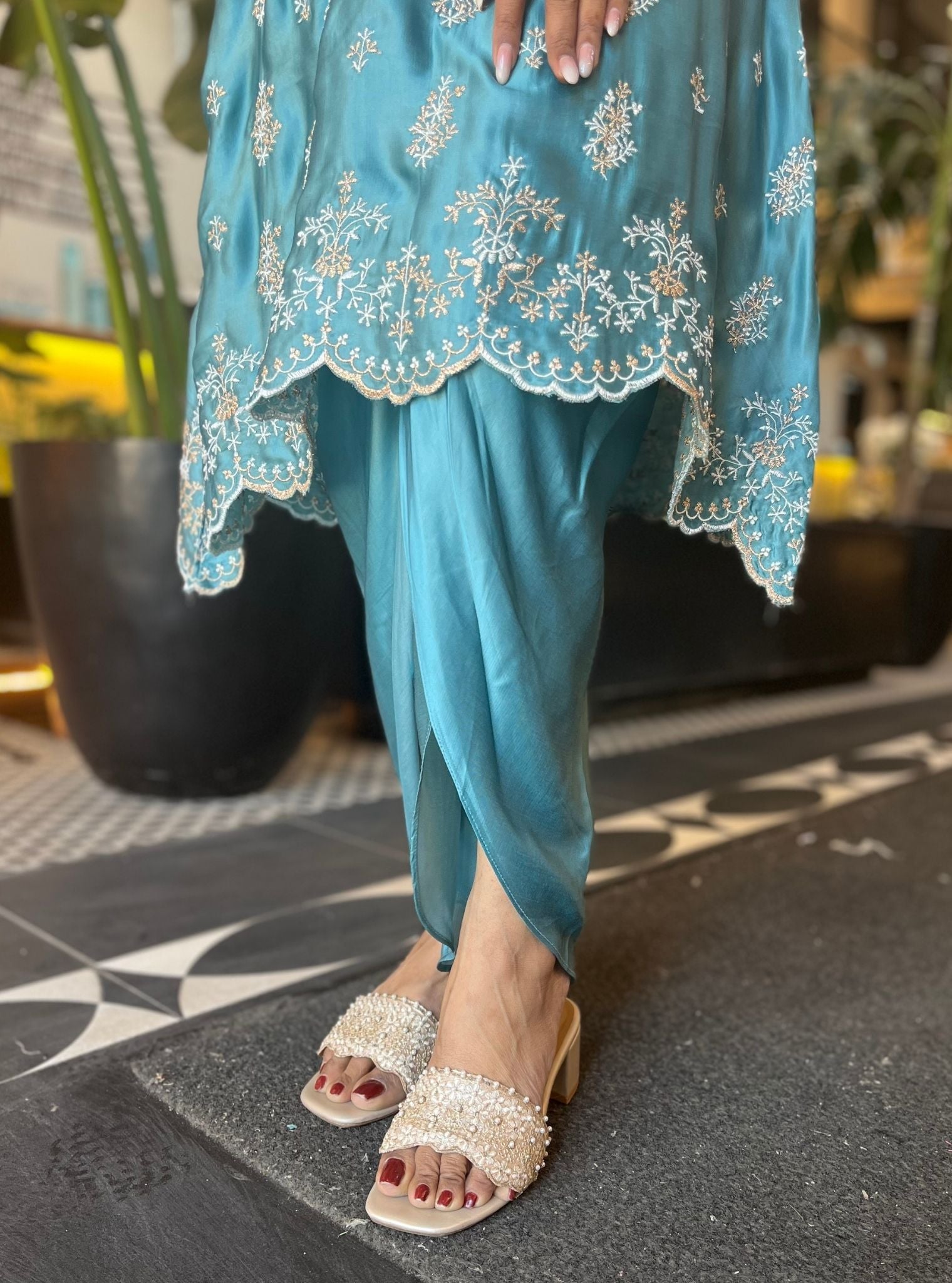 Mulmul Cupro Satin Callaia Teal Blue kurta With Mulmul Cupro Satin Callaia Teal Blue Salwar