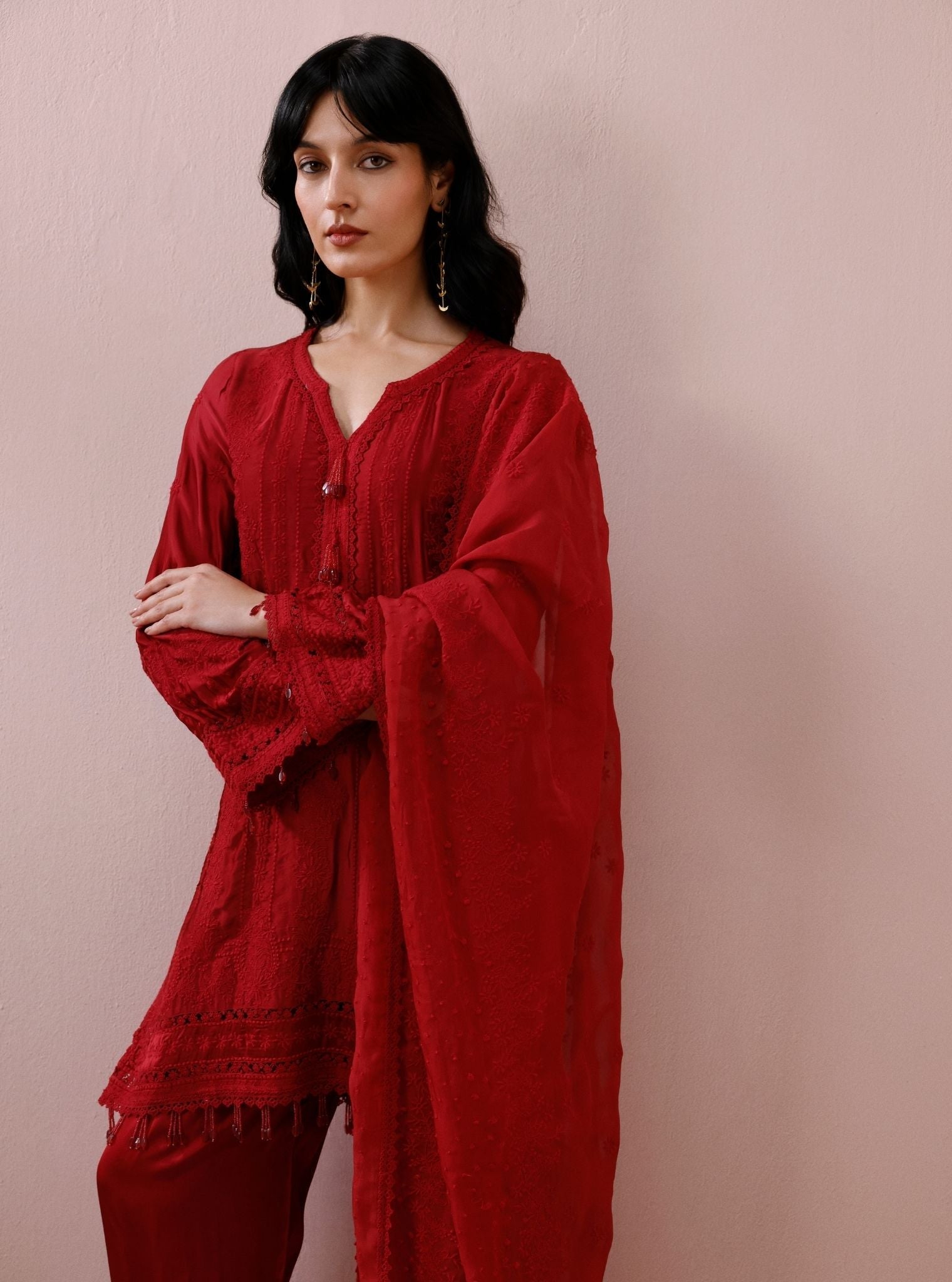 Zuri Cupro Satin Red Kurta With Farshi Salwar