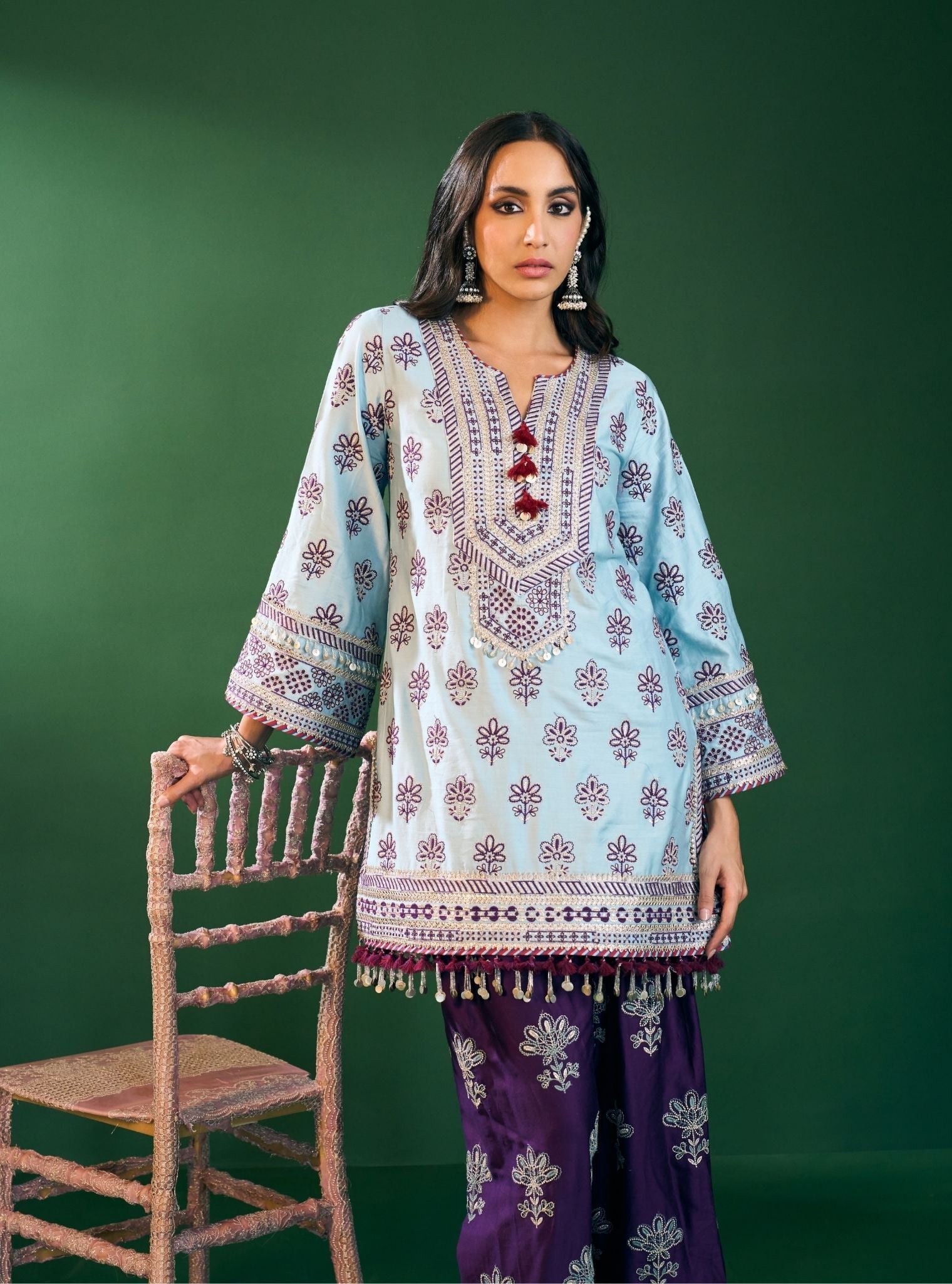 Lani Pima Satin Sky Blue Kurta With Purple Pant