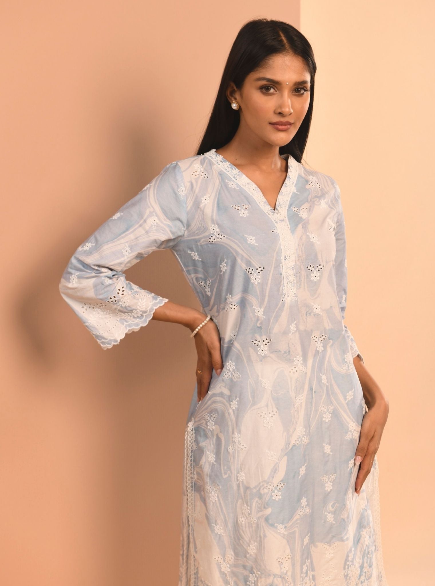 Mulmul Cotton Marble Adela Blue Kurta