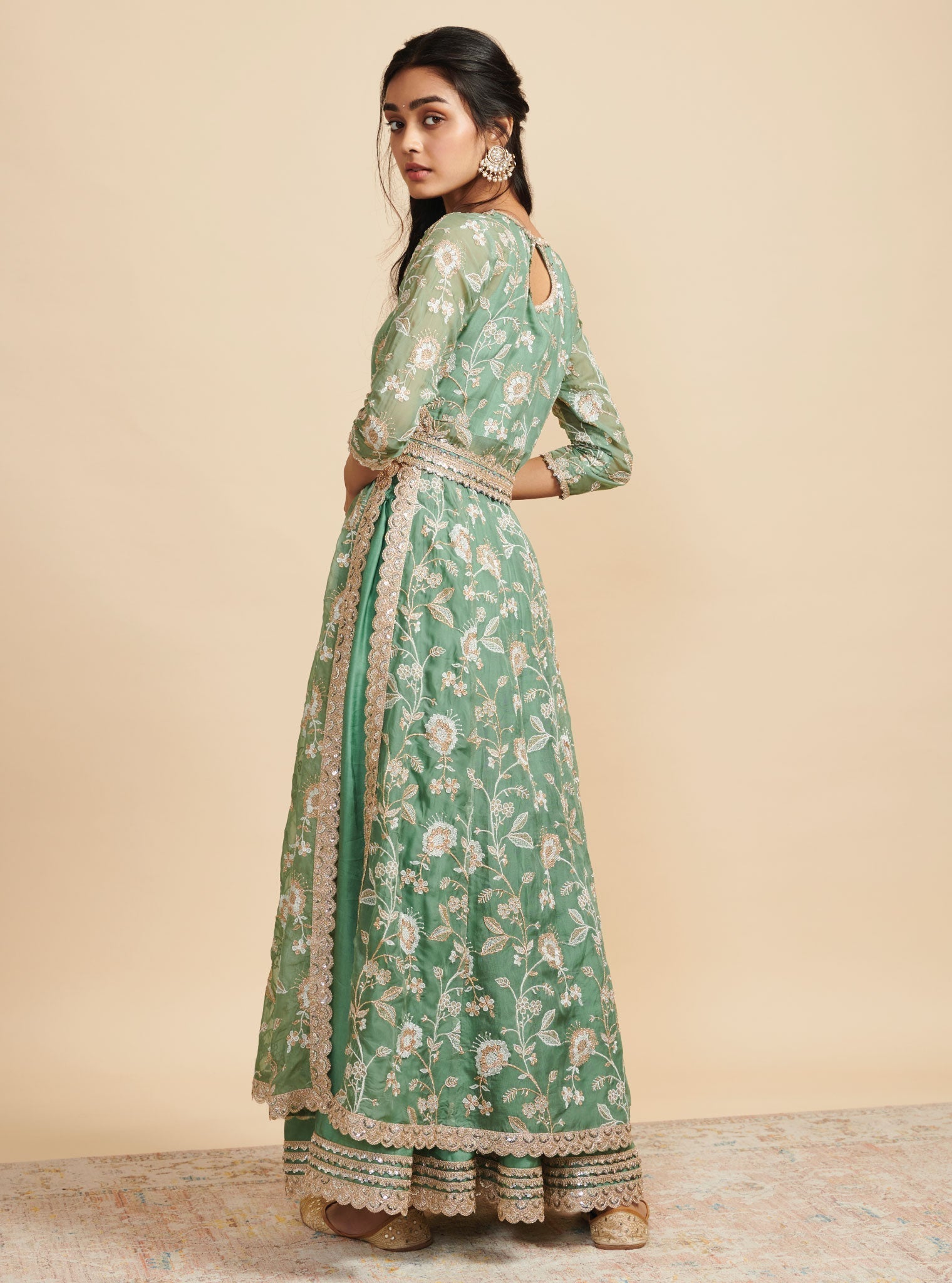 Mulmul Organza Masakali Green Long Kurta With Mulmul Cupro Masakali Green Skirt