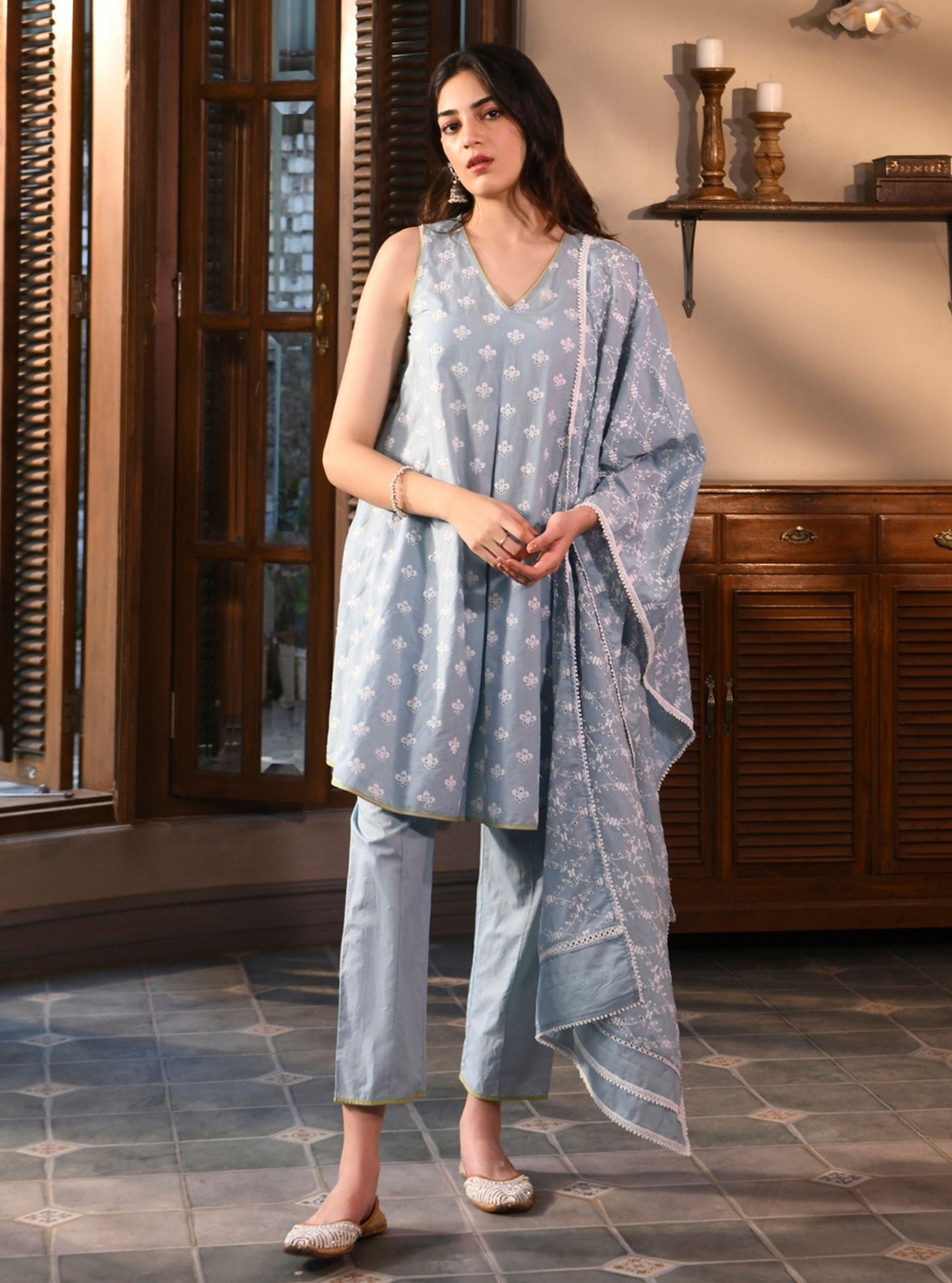 Mulmul Cotton Deeba Light Blue Kurta With Mulmul Cotton Deeba Light Blue Pant