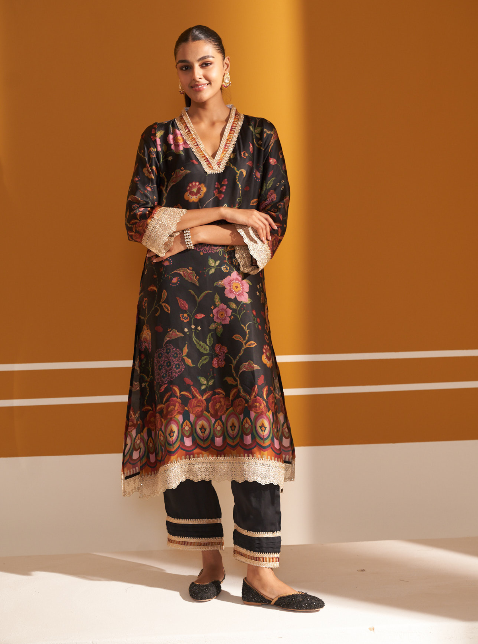 Diantha Cupro Satin Printed Black Kurta Set