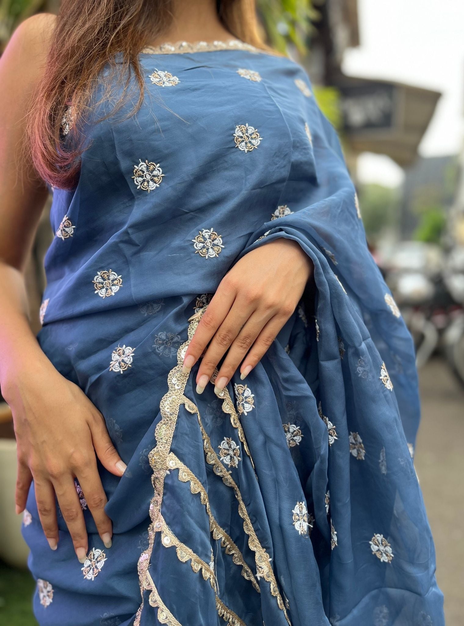 Mulmul Organza Estella Saree Navy