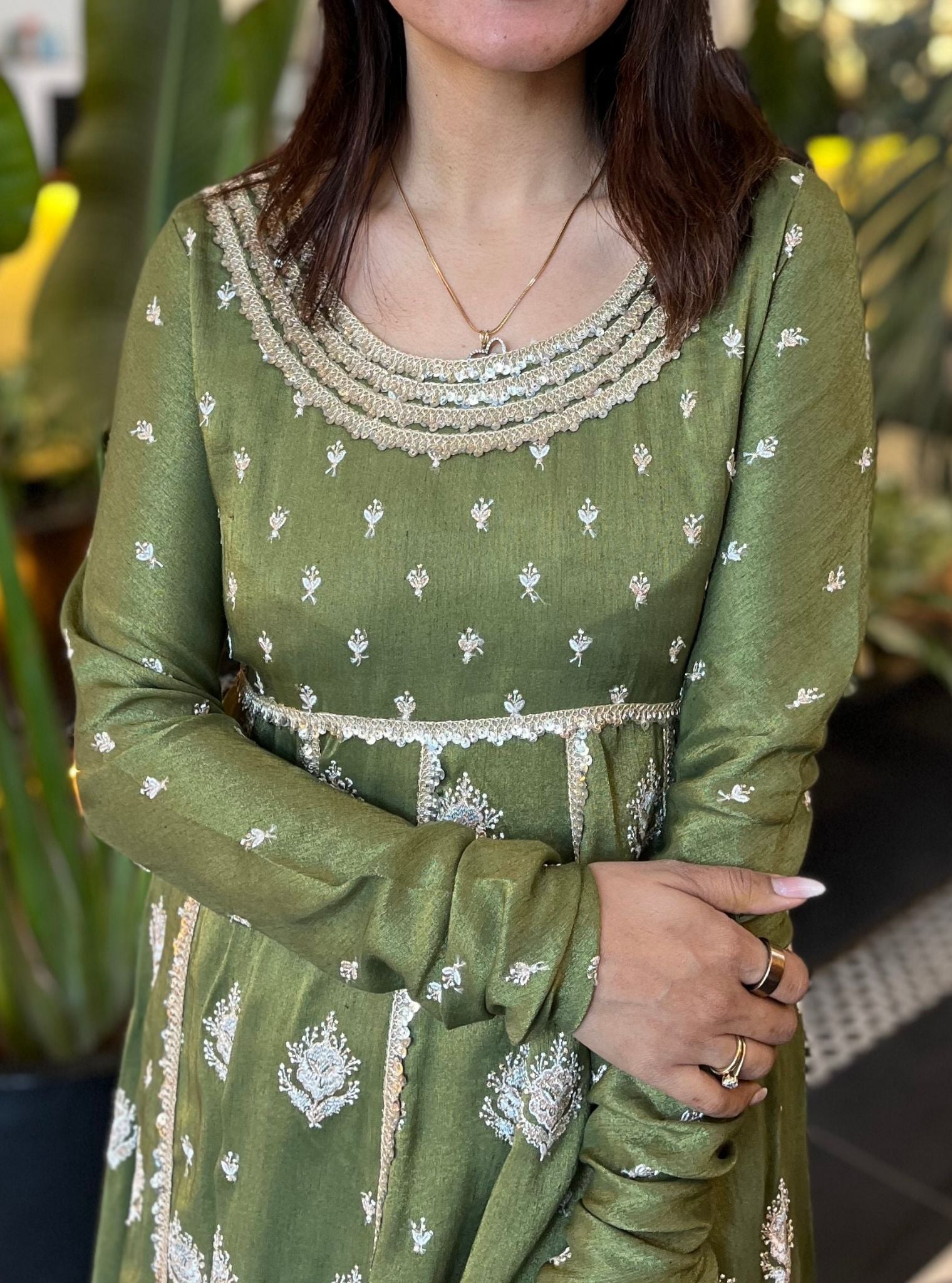 Mulmul Tissue Linen Satin Gulabo Green Anarkali Kurta With Mulmul Tissue Linen Satin Gulabo Green pant