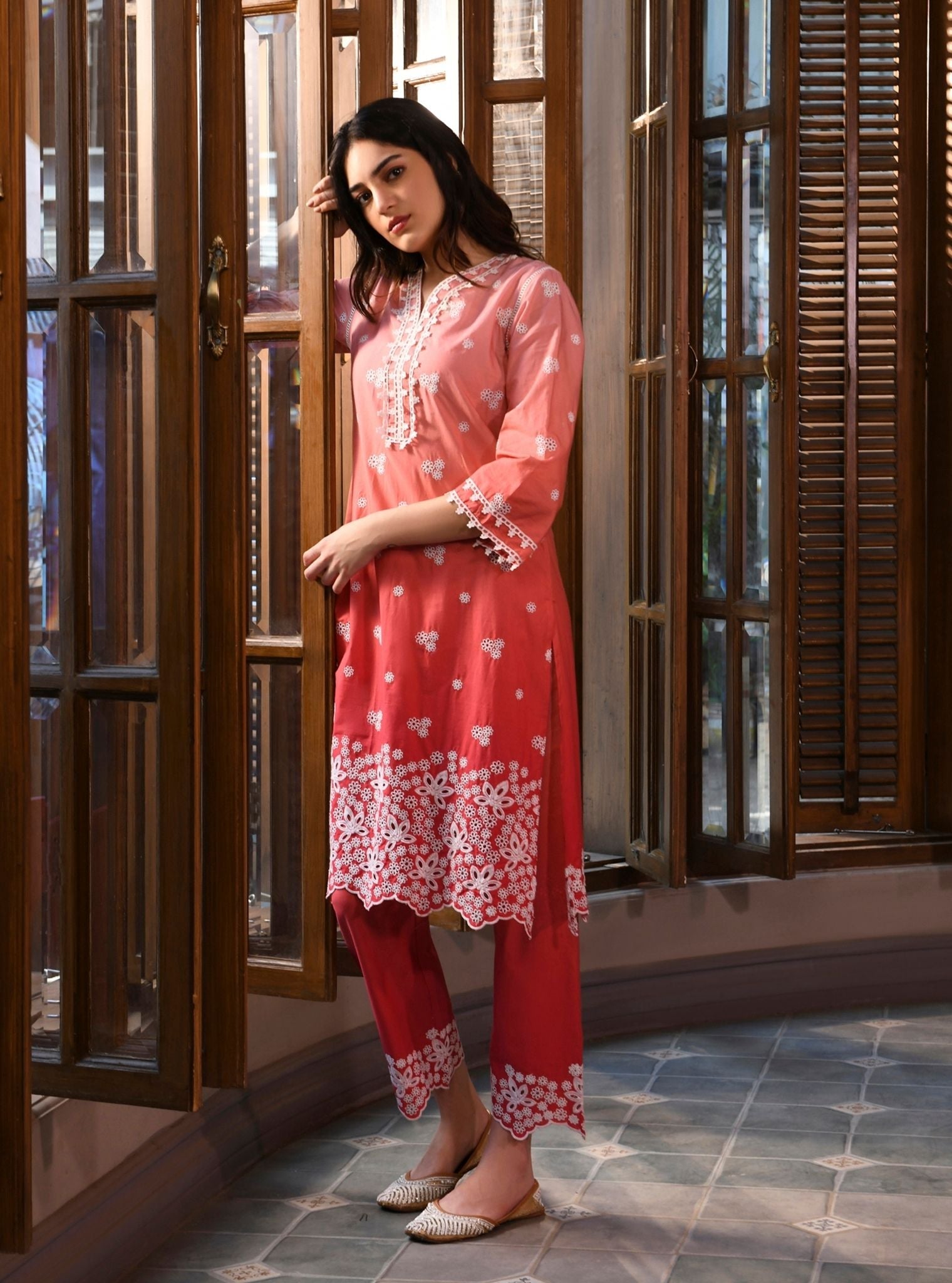 Mulmul Cotton Shae Red Kurta With Mulmul Cotton Shae Red Pant