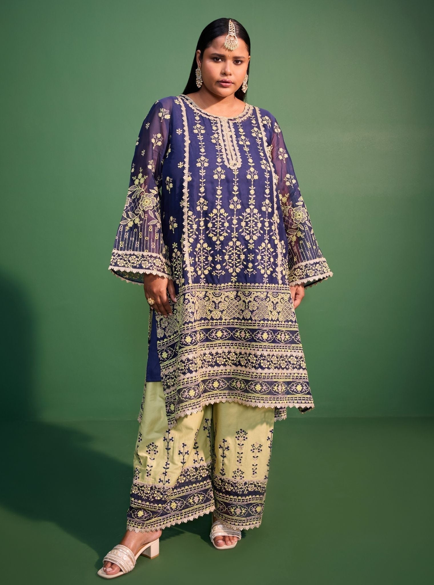 Mulmul Organza Kali Navy Kurta With Mulmul Pima Satin Kali Navy Pant