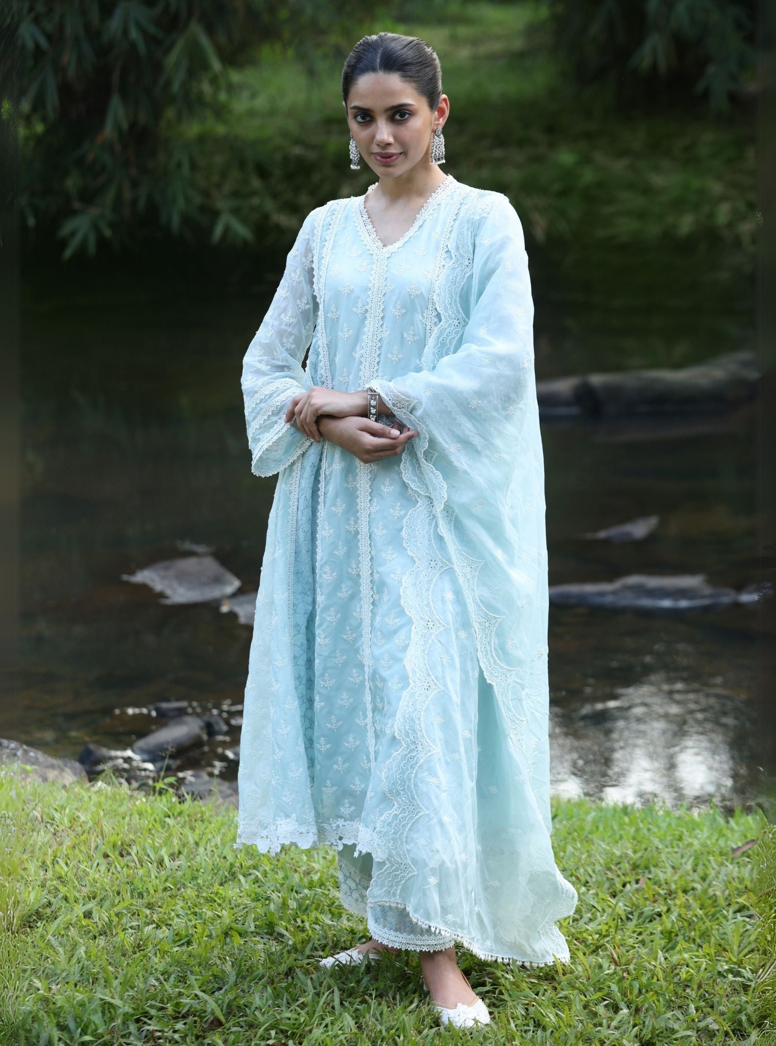 Mulmul Organza Maheen Blue Anarkali Kurta With Mulmul Cotton Maheen Blue Pant