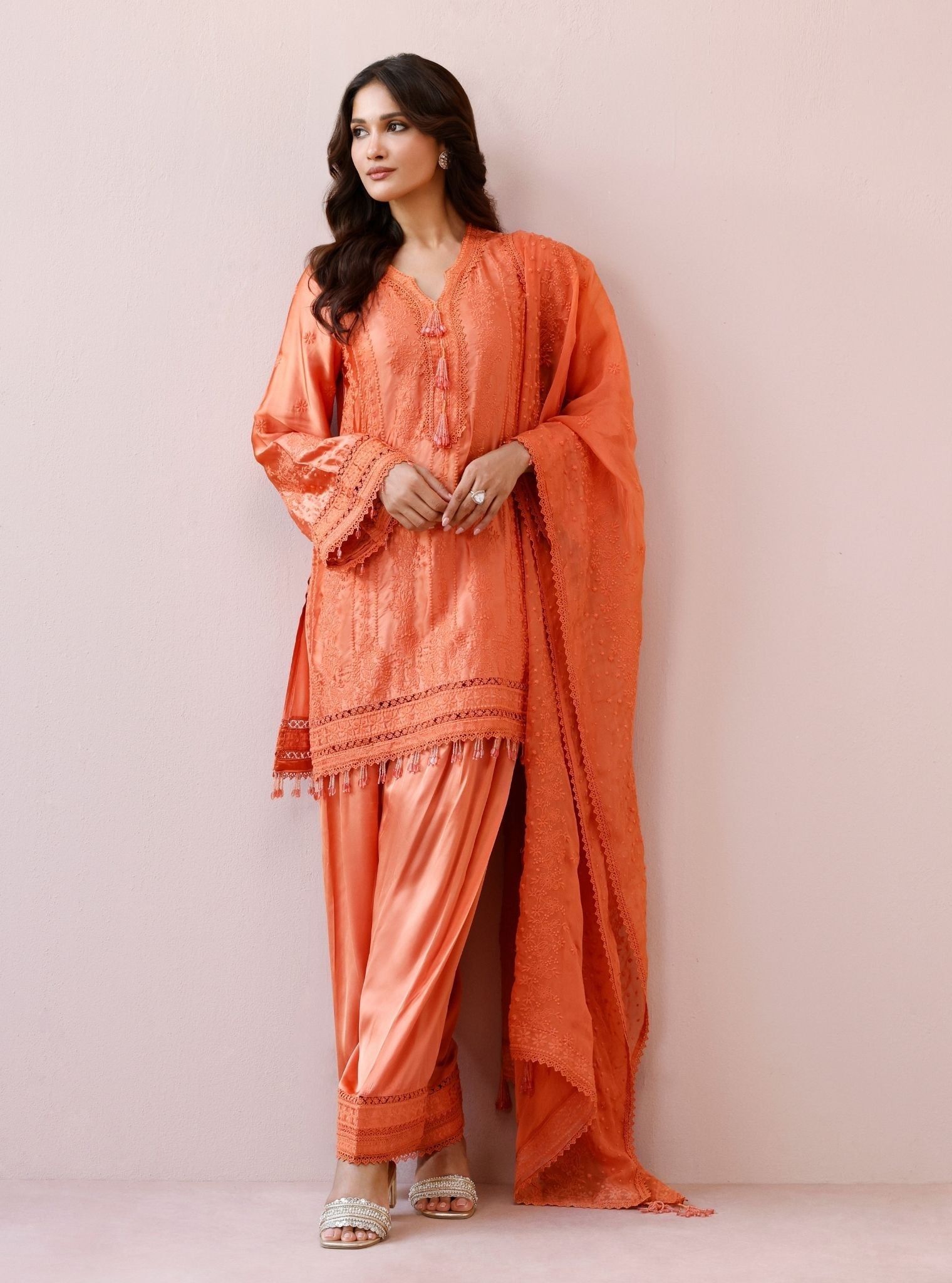 Zuri Cupro Satin Orange Kurta With Farshi Salwar