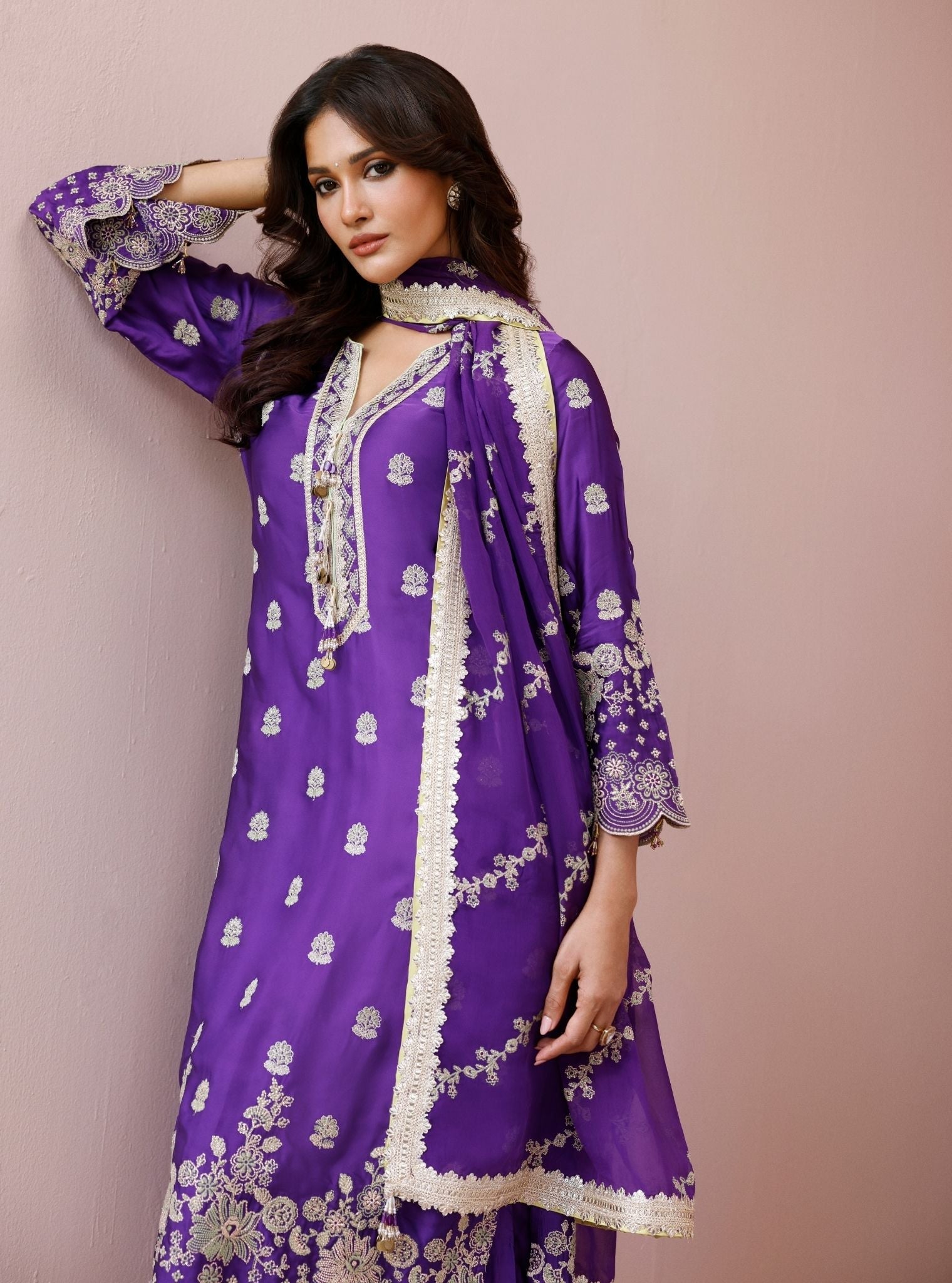 Laina Cupro Satin Purple Long Kurta Set