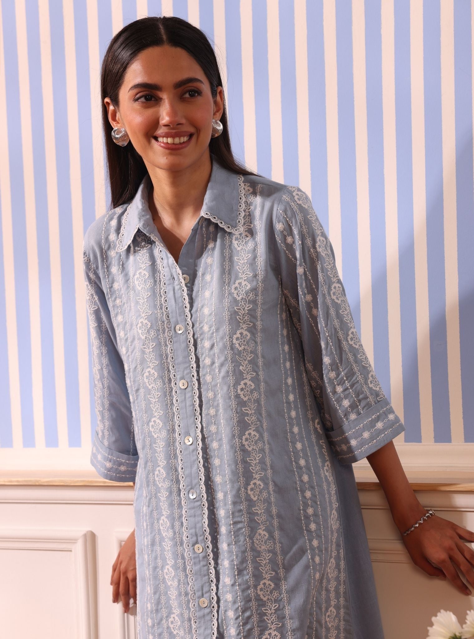 Mulmul Linen Iria Light Blue Kurta With Mulmul Linen Iria Light Blue Pant
