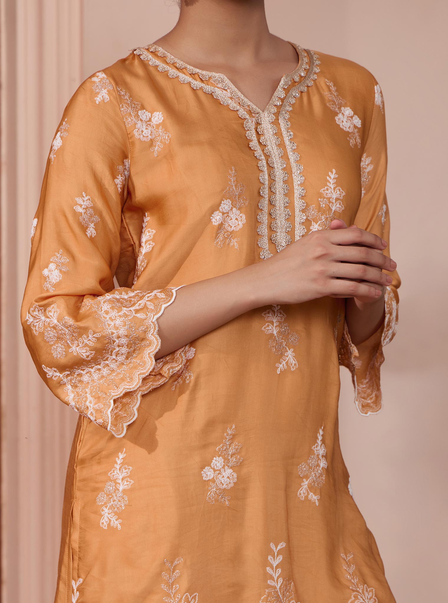 Mulmul Cupro Siya Orange Kurta with Mulmul Cupro Siya Orange Pant