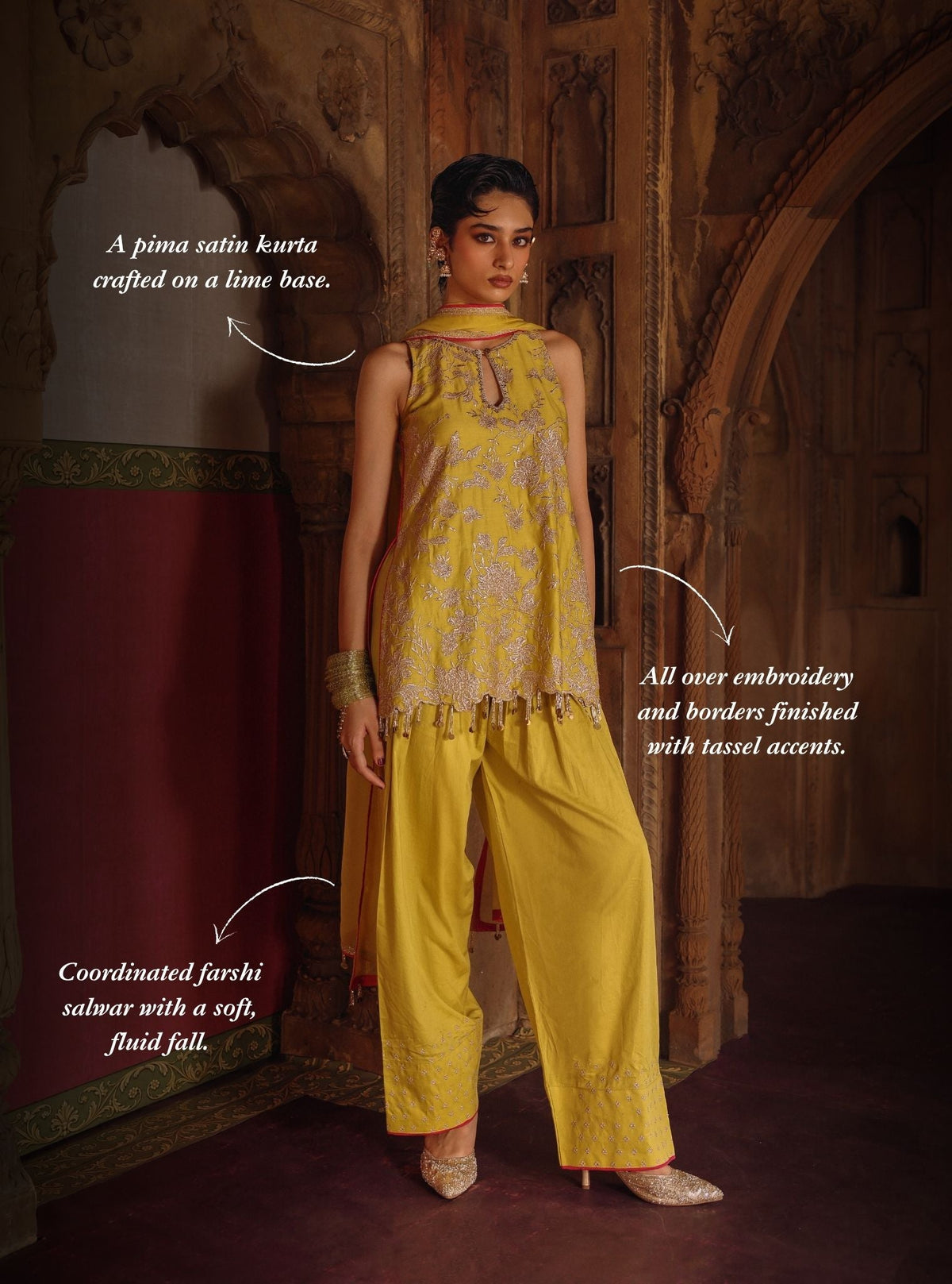 Mala Pima Satin Lime Kurta with Farshi Pants
