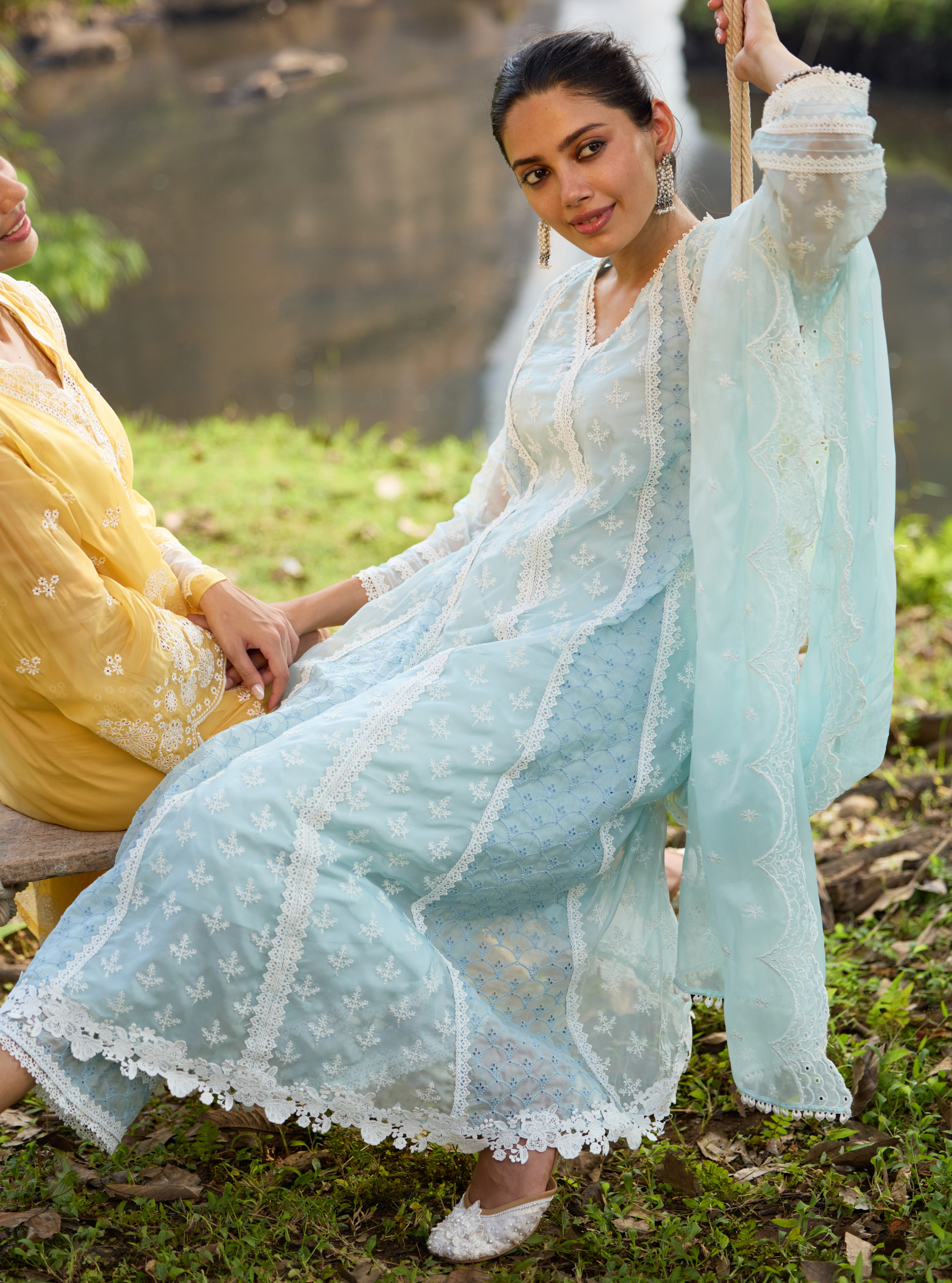 Mulmul Organza Maheen Blue Anarkali Kurta With Mulmul Cotton Maheen Blue Pant