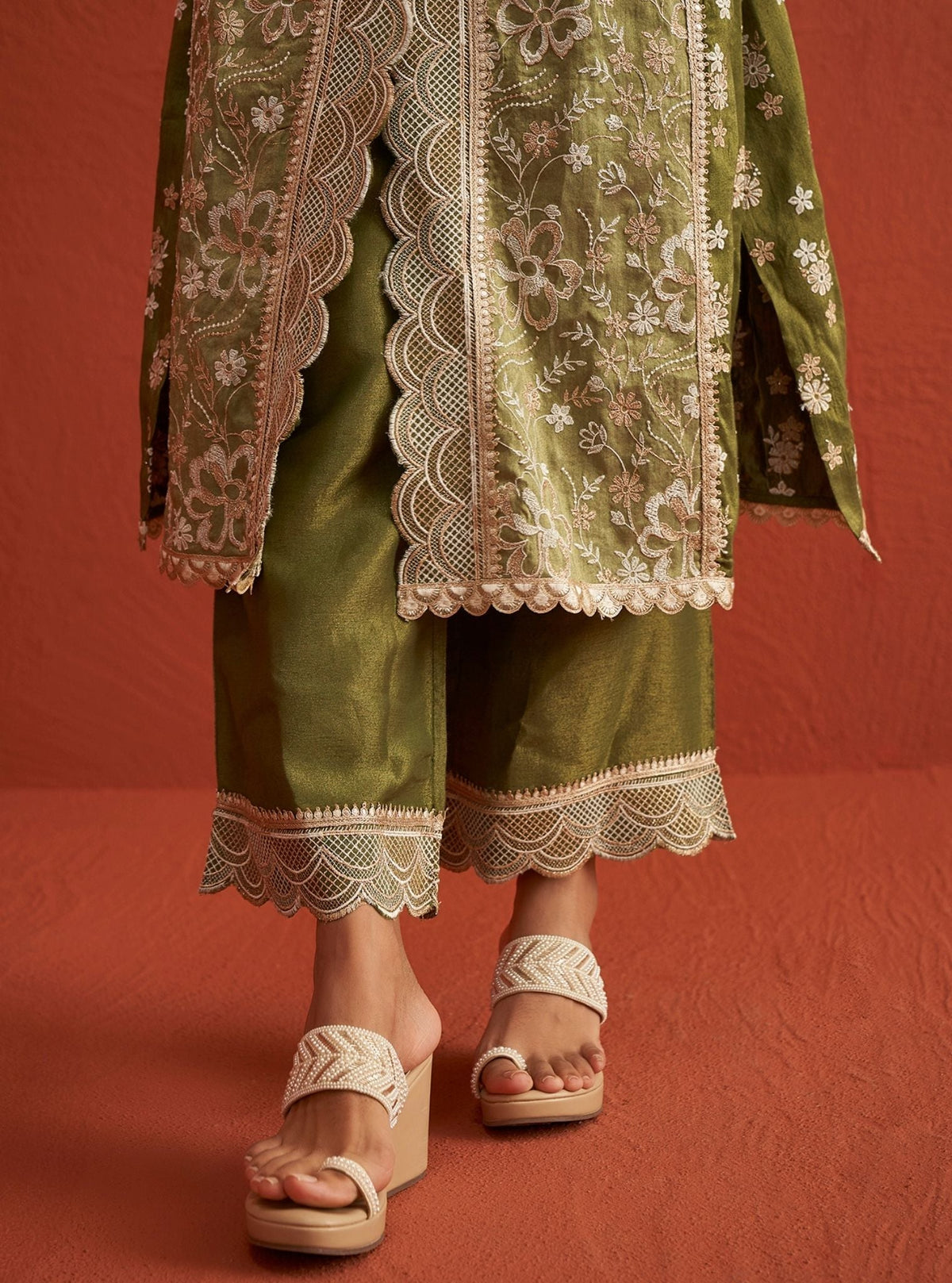 Sadke Tissue Linen Satin Sage Green Kurta Set