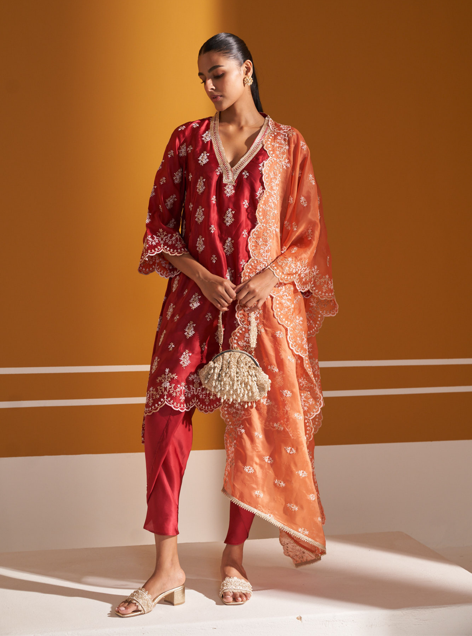 Mulmul Cupro Satin Callaia Red kurta With Mulmul Cupro Satin Callaia Red Salwar