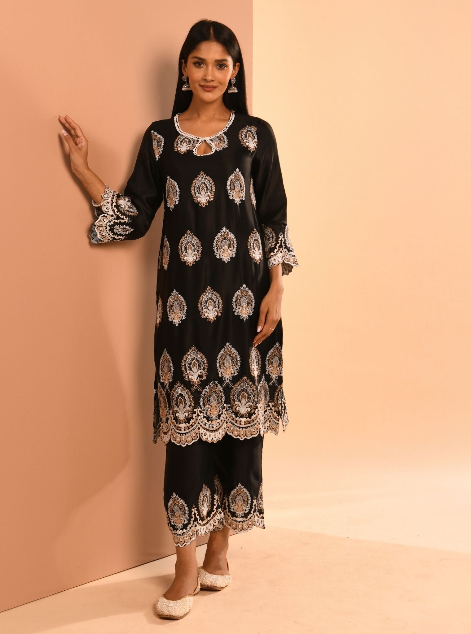 Mulmul Cupro Sydney Black Kurta With Mulmul Cupro Sydney Black Pant