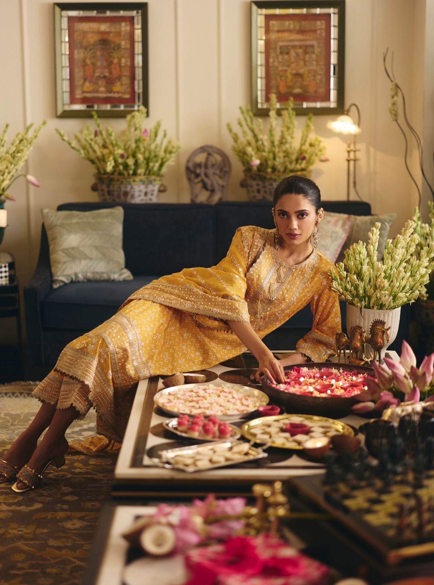 Lari Pima Satin Printed Mustard Kurta Set