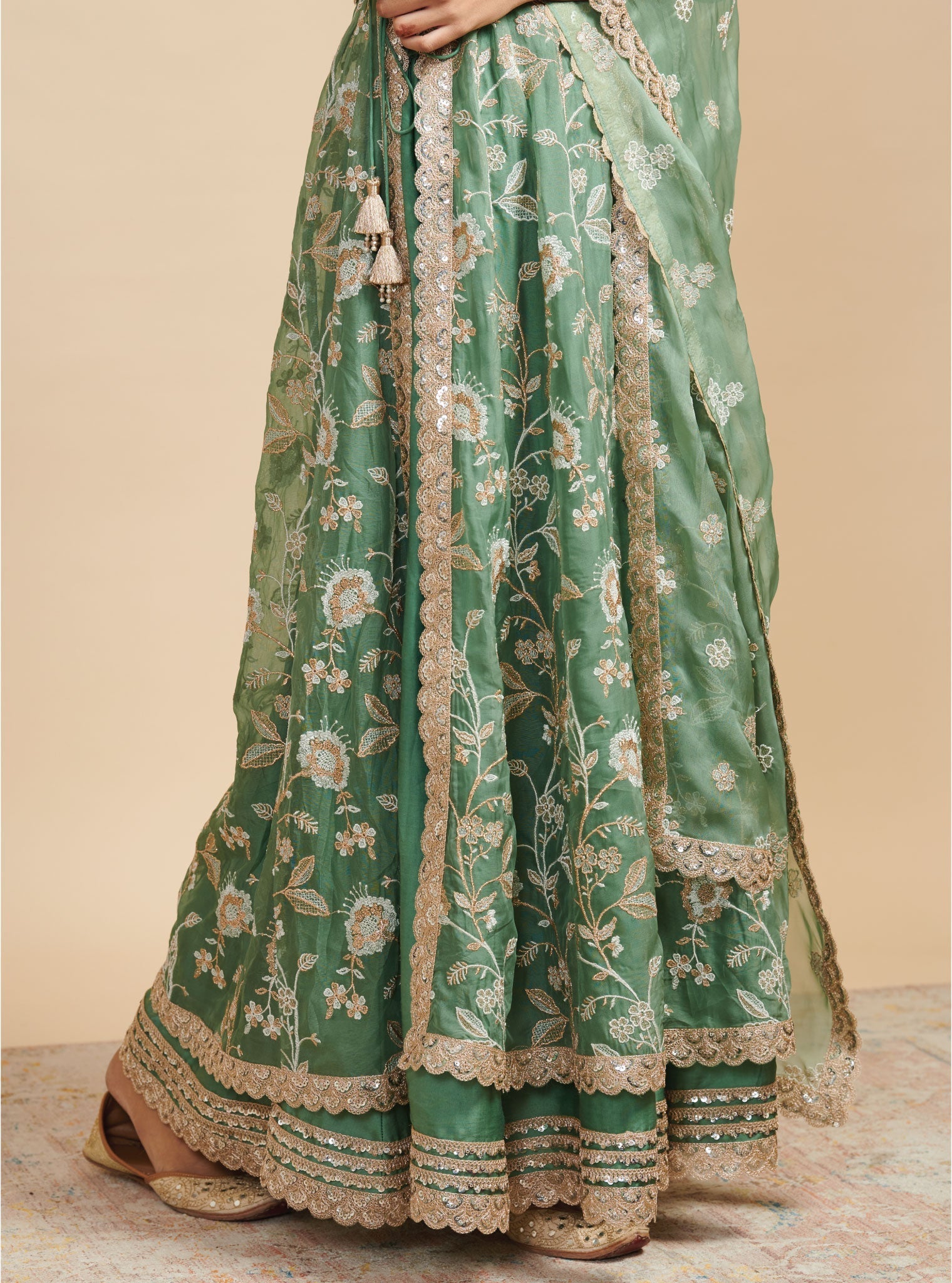 Mulmul Organza Masakali Green Long Kurta With Mulmul Cupro Masakali Green Skirt