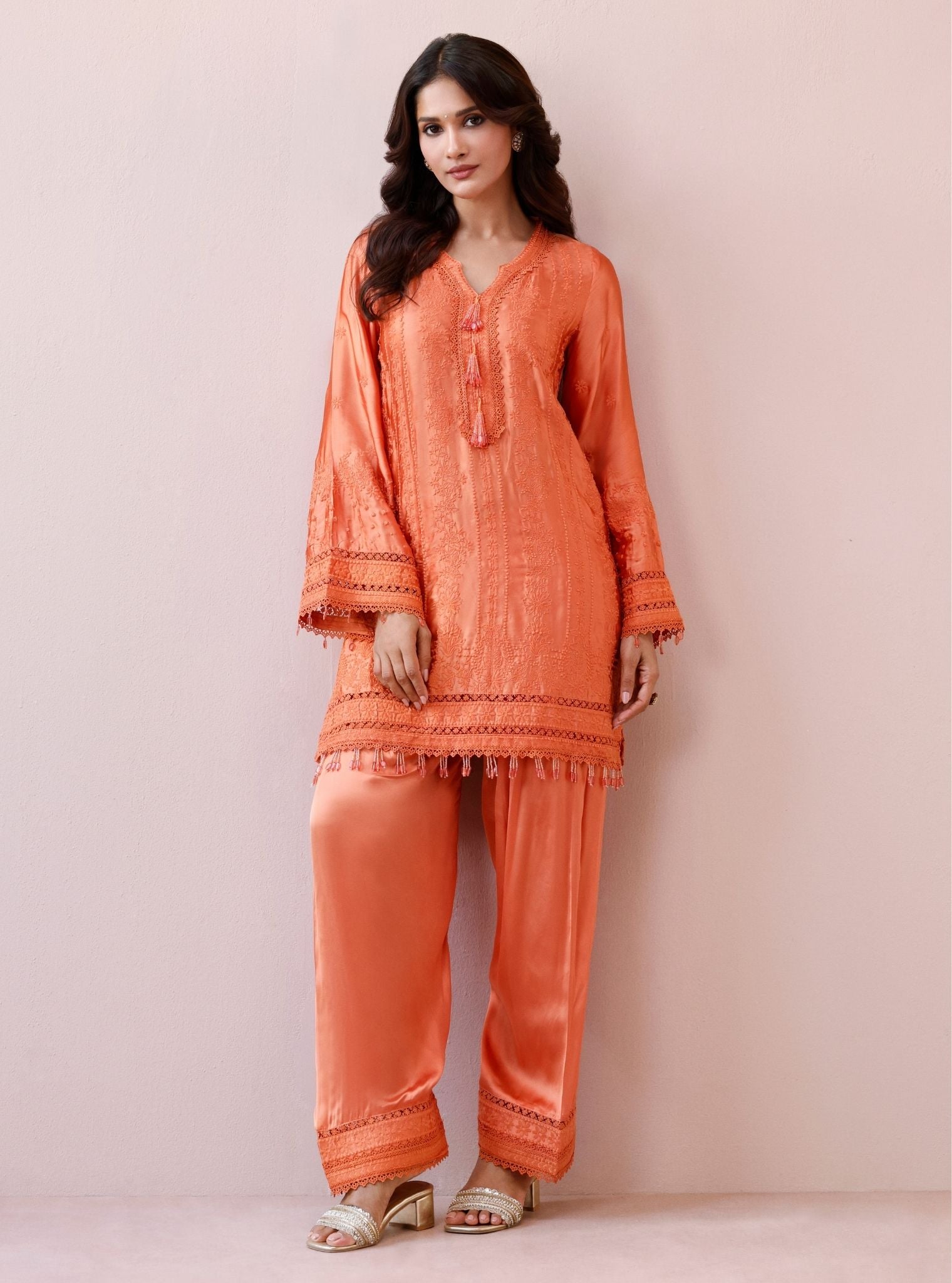 Zuri Cupro Satin Orange Kurta With Farshi Salwar