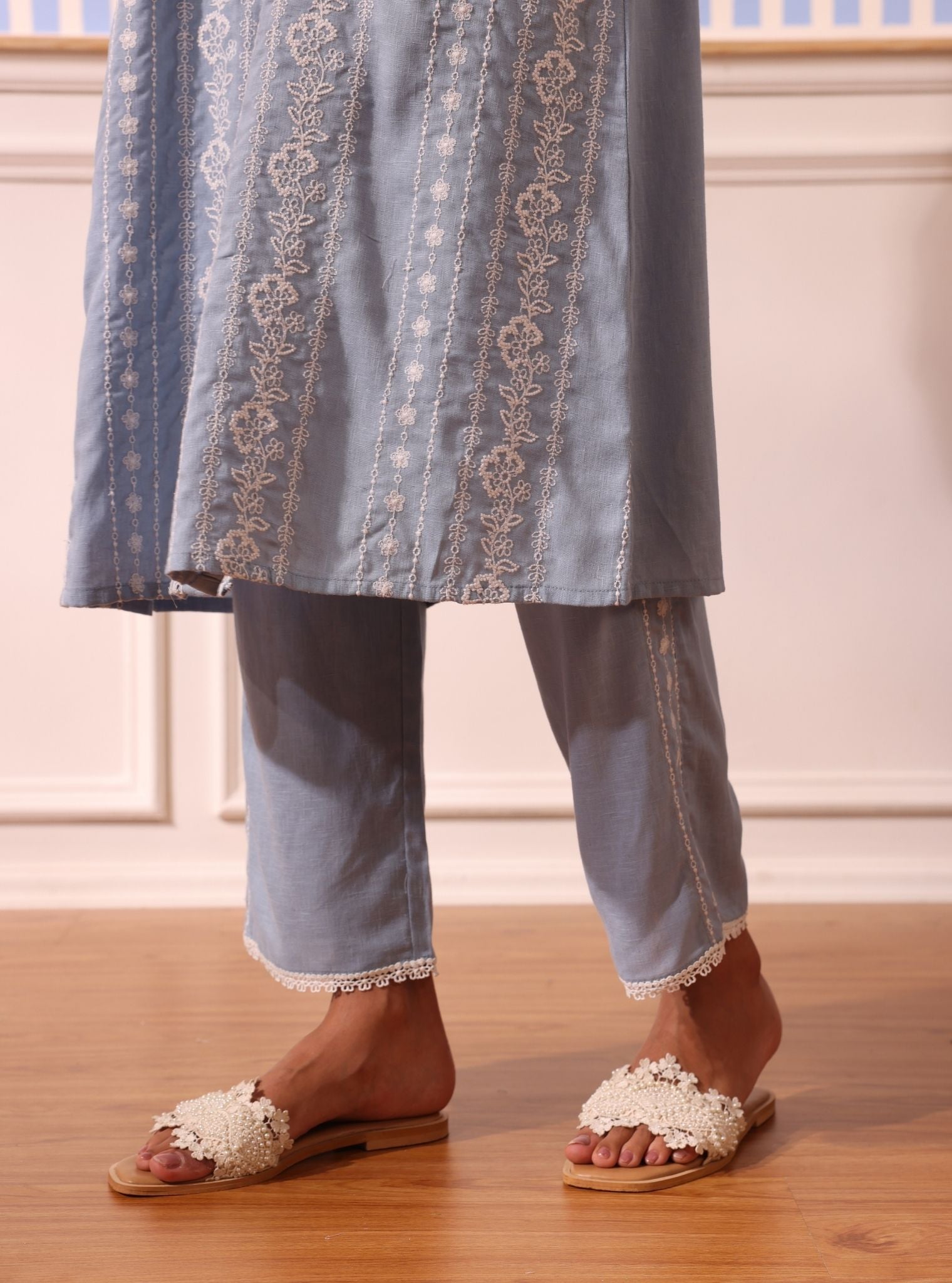 Mulmul Linen Iria Light Blue Kurta With Mulmul Linen Iria Light Blue Pant