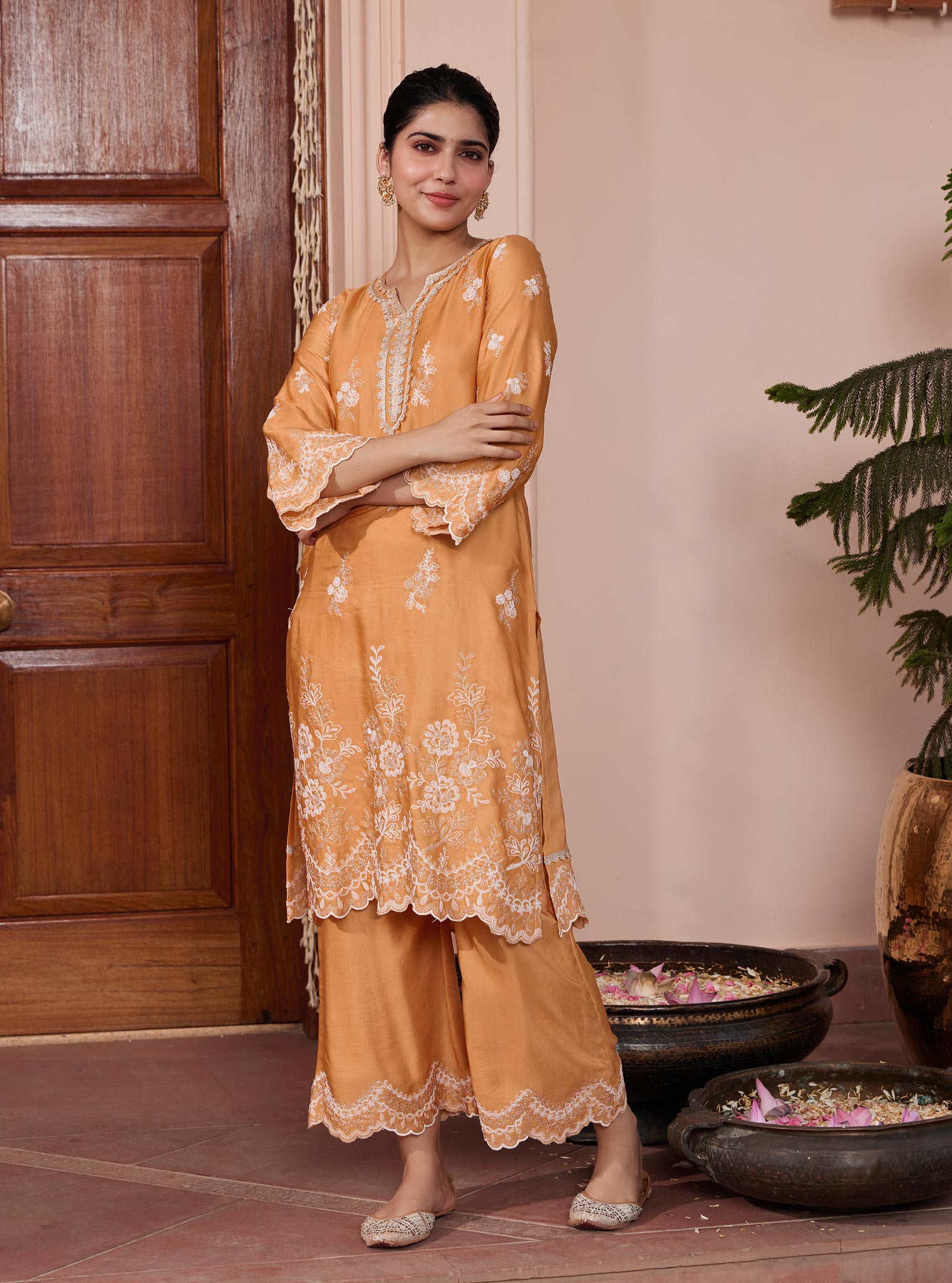 Mulmul Cupro Siya Orange Kurta with Mulmul Cupro Siya Orange Pant